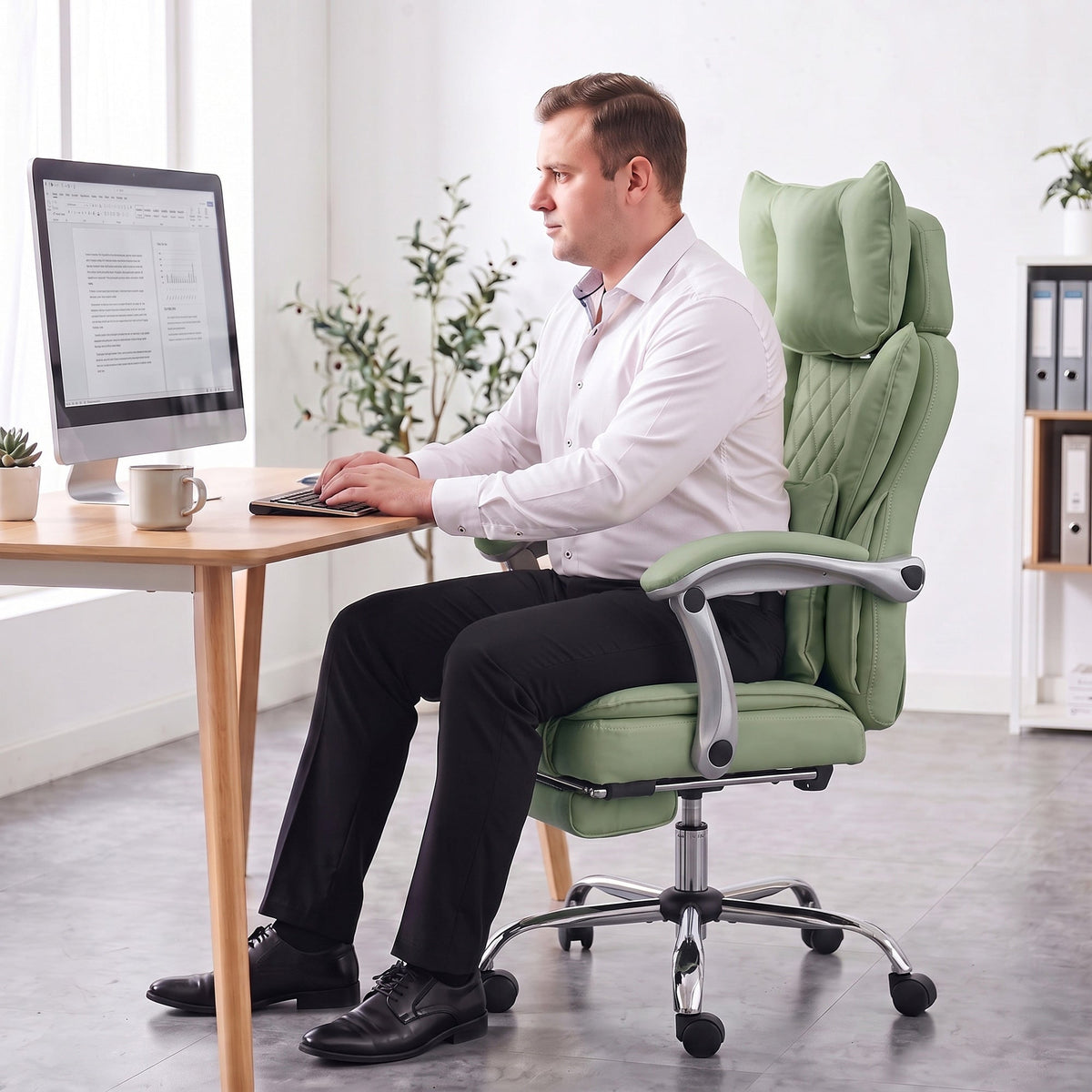Executive Office Chair, 180kg Big and Tall PU Leather Desk Chair with Adjustable Headrest, Lumbar Support, Wide Seat, Reclining Back, Footrest, Swivel Wheels, Light Green