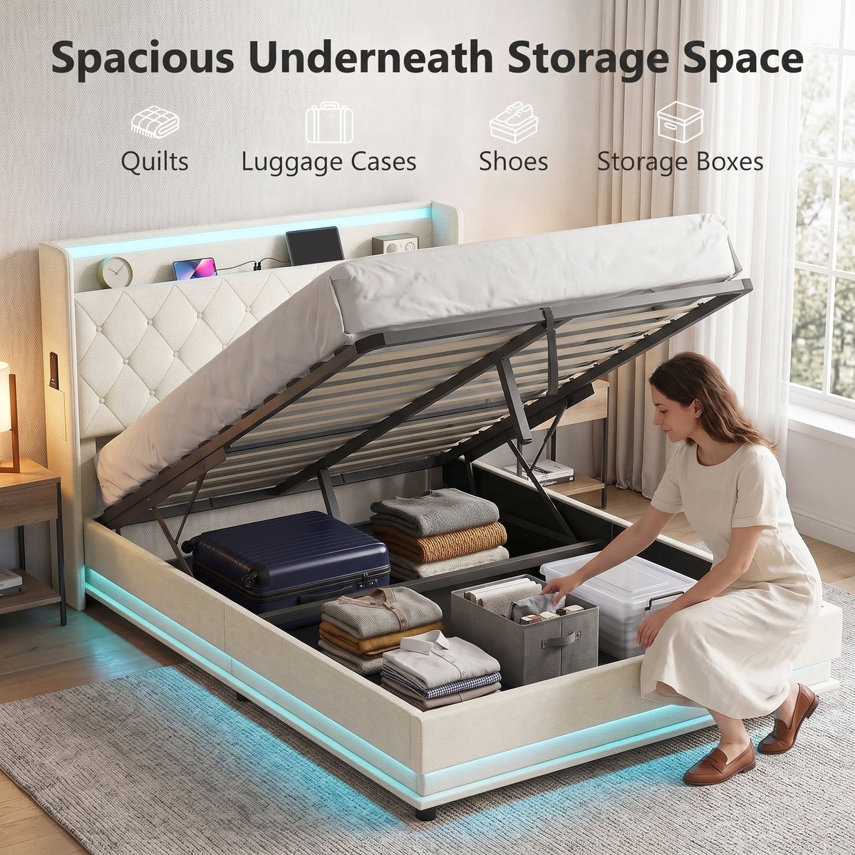 4ft6 Double Ottoman Bed Frame with Hydraulic Storage, APP Control LED Lights and Charging Station, Upholstered Lift Up Storage Bed Frame with Headboard, No Box Spring Needed, Cream White