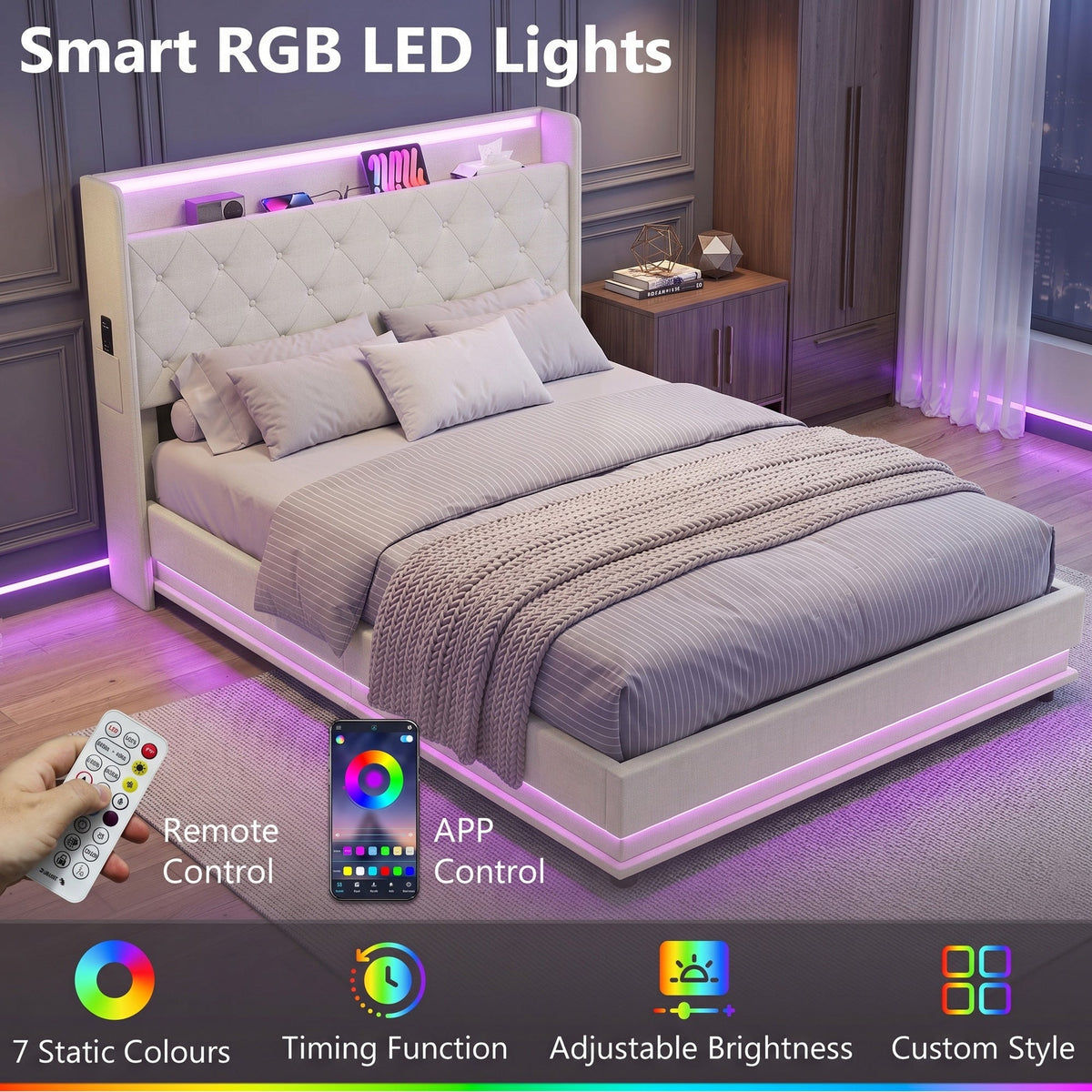 4ft6 Double Ottoman Bed Frame with Hydraulic Storage, APP Control LED Lights and Charging Station, Upholstered Lift Up Storage Bed Frame with Headboard, No Box Spring Needed, Cream White