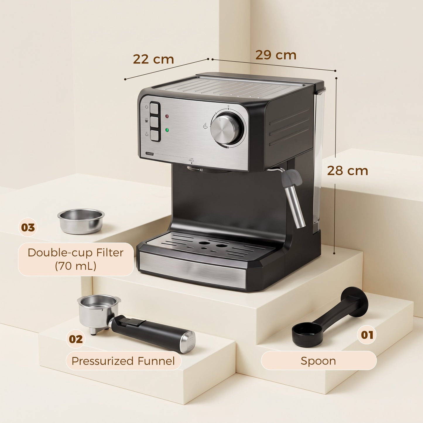 Espresso Machine with Milk Frother Wand, 1.6 L Water Tank, 850W Semi Automatic 20 Bar Coffee Machine, Latte and Cappuccino Maker with Double Shot, Hot Water, Cup Warming, Black and Silver