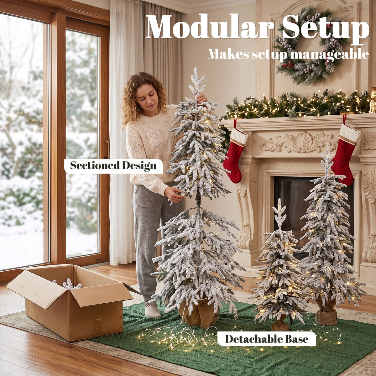 Prelit Flocked Artificial Christmas Tree Set of 3, Snowy Xmas Tree with PE Tips, Warm White LED Lights, 8 Modes, Space Saving Slim Pencil Xmas Decoration Tree 3FT+4FT+5FT