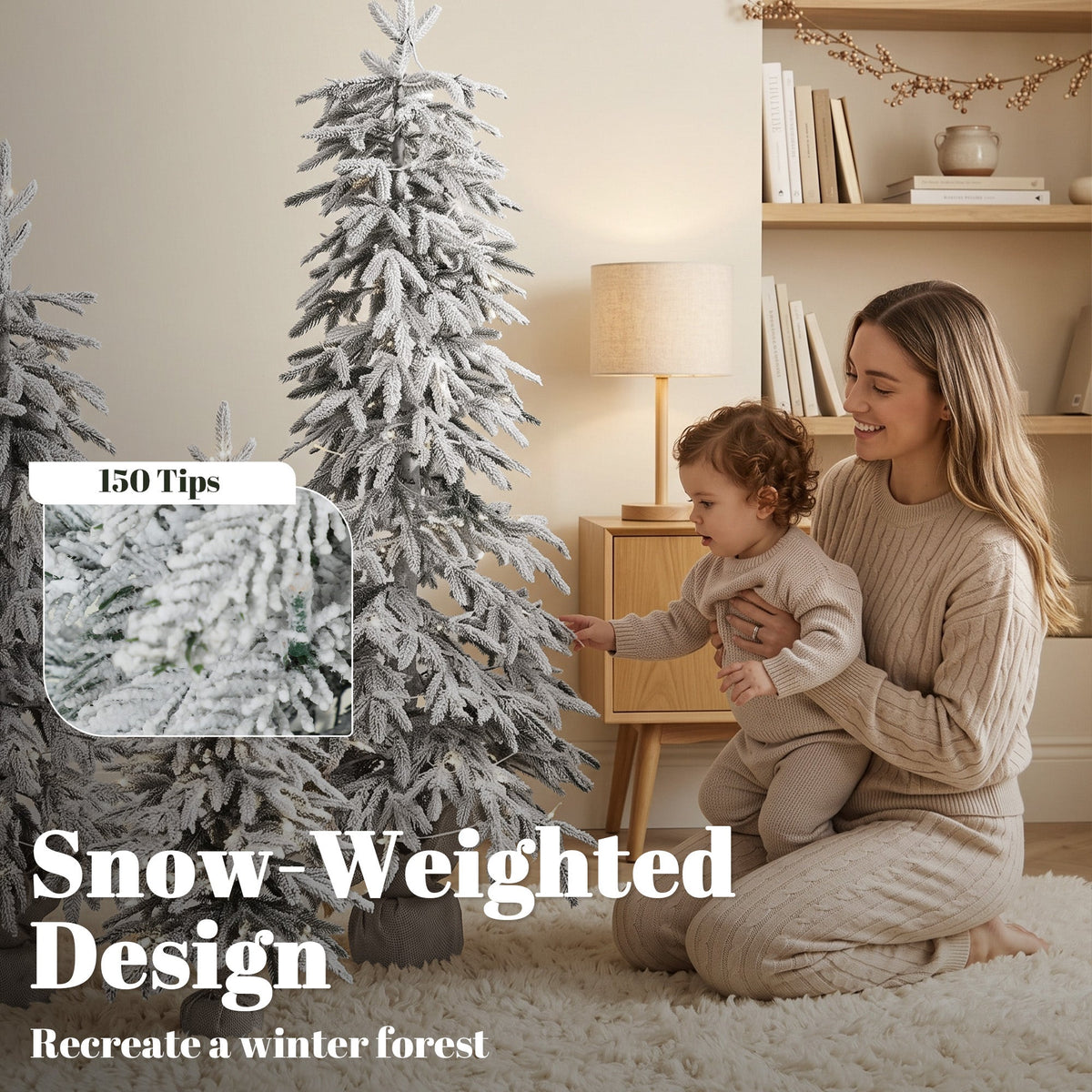 Prelit Flocked Artificial Christmas Tree Set of 3, Snowy Xmas Tree with PE Tips, Warm White LED Lights, 8 Modes, Space Saving Slim Pencil Xmas Decoration Tree 3FT+4FT+5FT