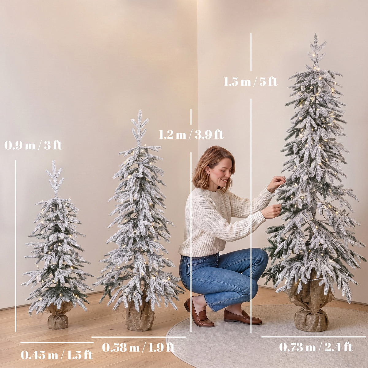 Prelit Flocked Artificial Christmas Tree Set of 3, Snowy Xmas Tree with PE Tips, Warm White LED Lights, 8 Modes, Space Saving Slim Pencil Xmas Decoration Tree 3FT+4FT+5FT