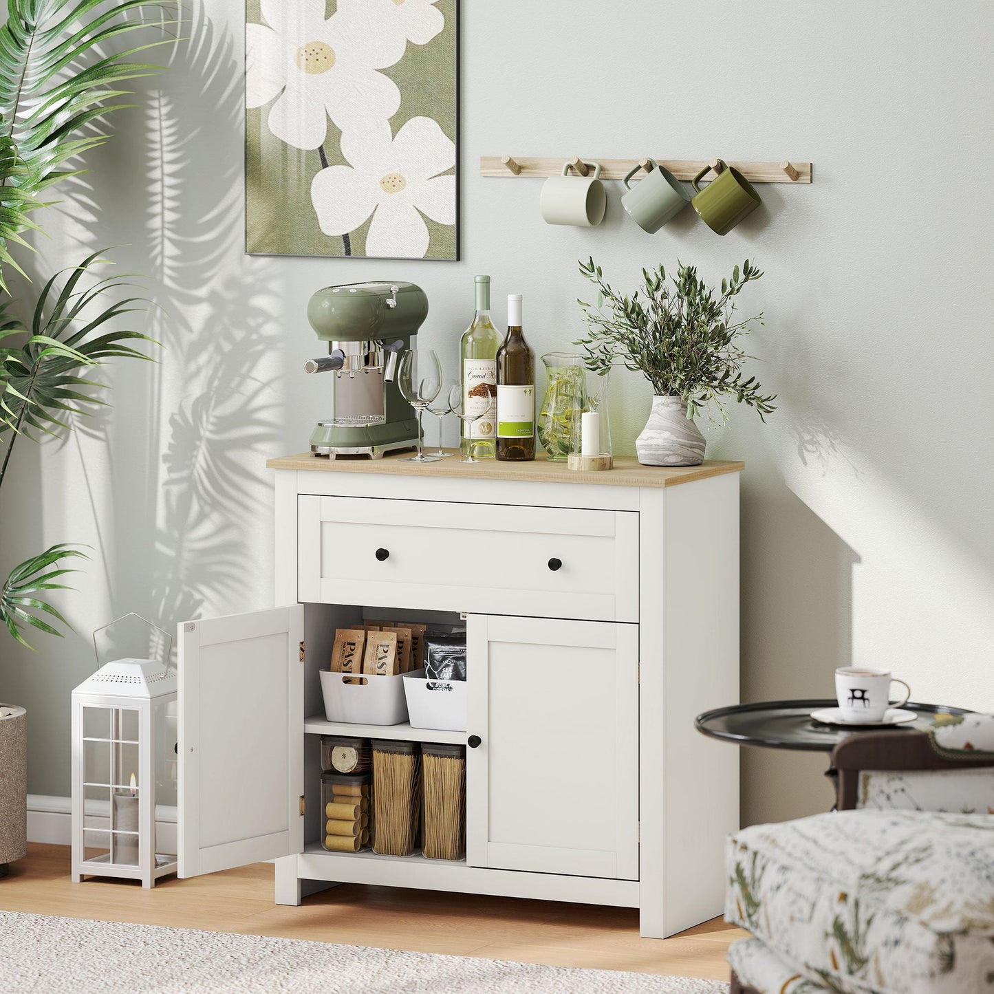 Sideboard Storage Cabinet, Modern Kitchen Cupboard with Adjustable Shelf, Drawer and Double Doors, Sideboard for Living Room, Dining Room, Hallway, Cream White