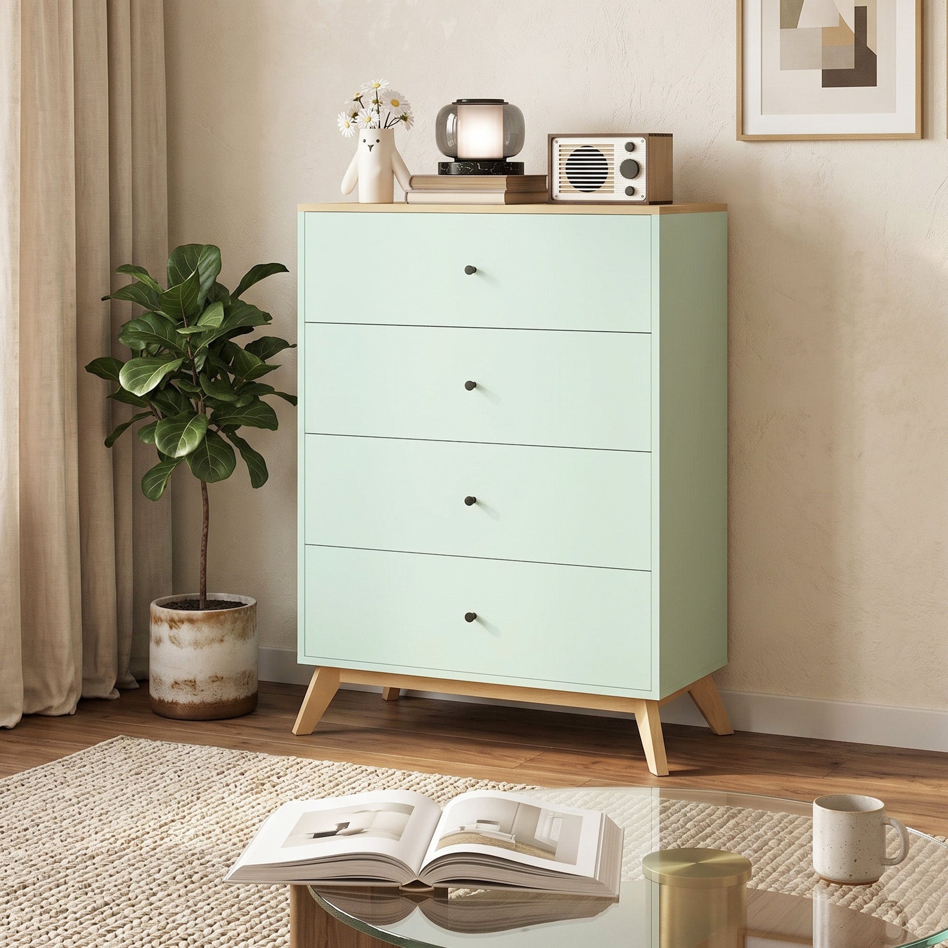 Chest of Drawers, 4 Drawer Storage Cabinet Floor Tower Cupboard for Bedroom Living Room, Light Green and Oak