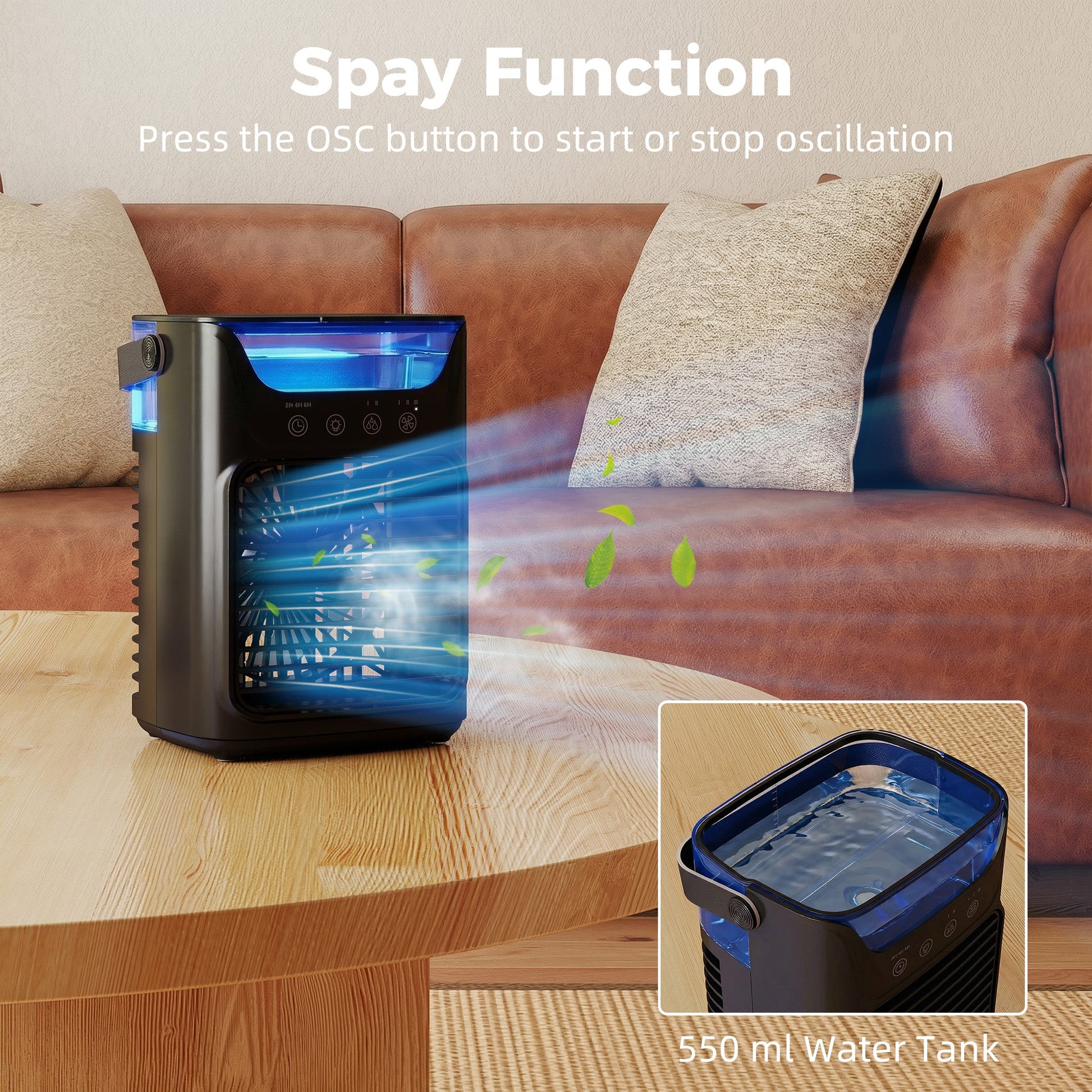21 cm Desk Fan with Adjustable Head, 3-Speed Table Fan with 700 ml Water Tank, Small Fan with RGB Light for Bedroom, Home Office, Black