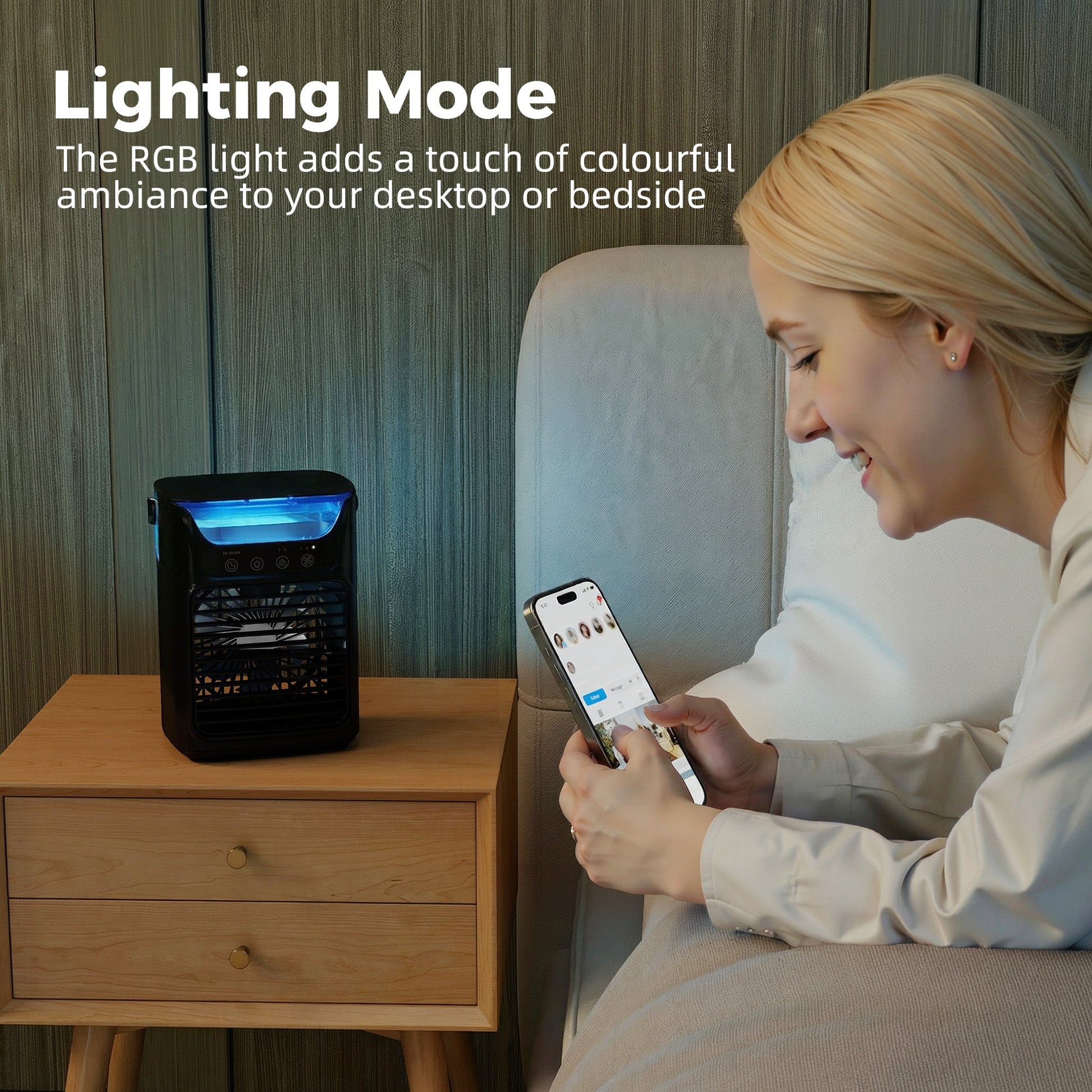 21 cm Desk Fan with Adjustable Head, 3-Speed Table Fan with 700 ml Water Tank, Small Fan with RGB Light for Bedroom, Home Office, Black