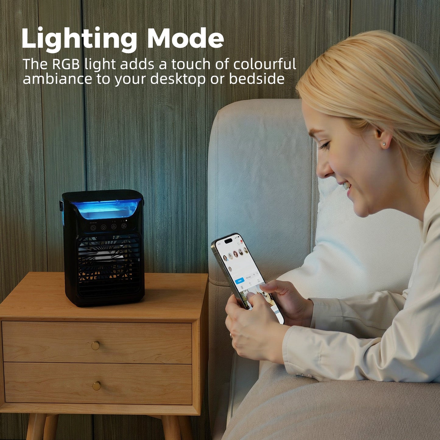 21 cm Desk Fan with Adjustable Head, 3-Speed Table Fan with 700 ml Water Tank, Small Fan with RGB Light for Bedroom, Home Office, Black