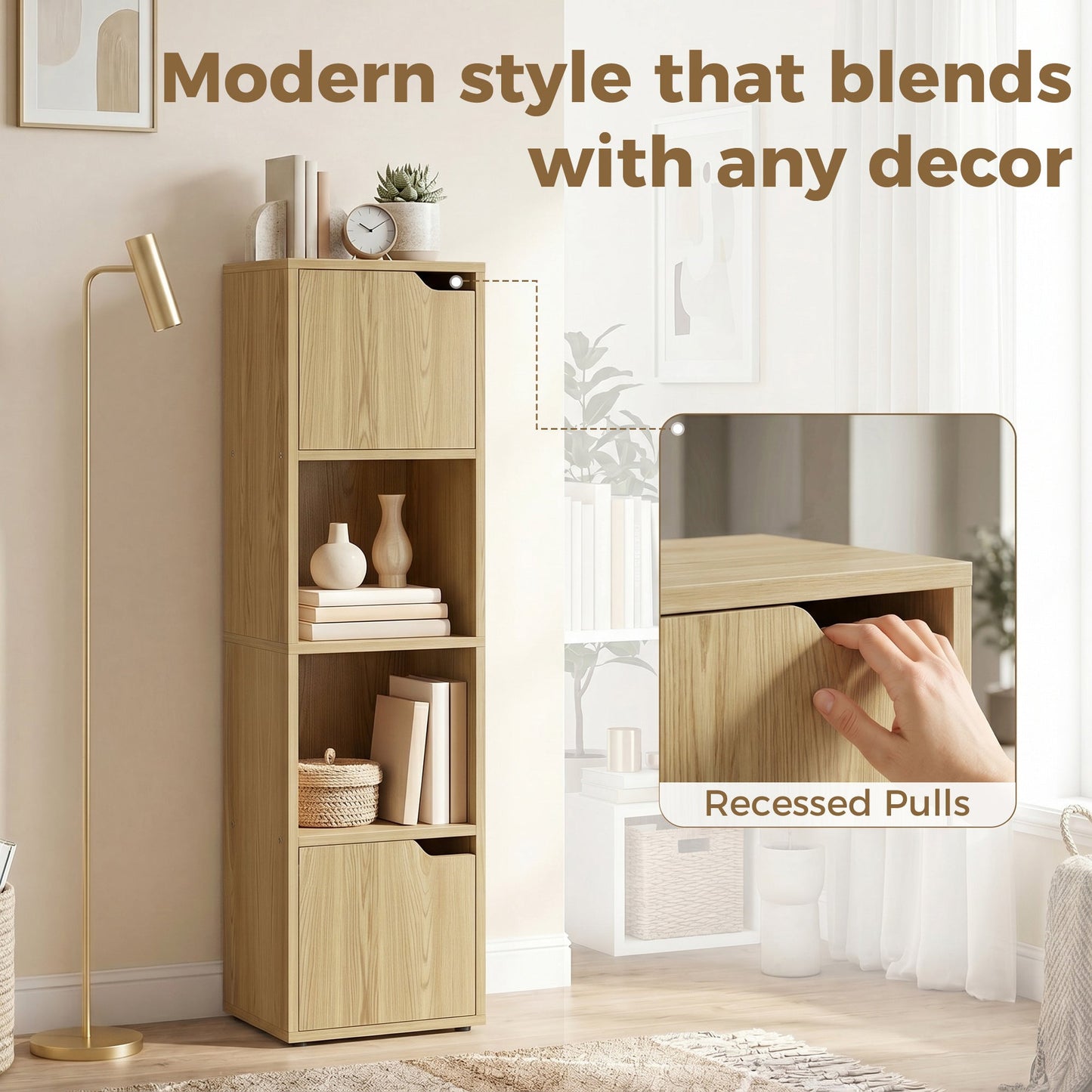 Bookcase with 2 Cabinets and Doors, 4-Tier Bookshelf, Storage Cabinet with Open Shelves and Anti-Tipping Design, for Living Room, Bedroom, Home Office, Oak