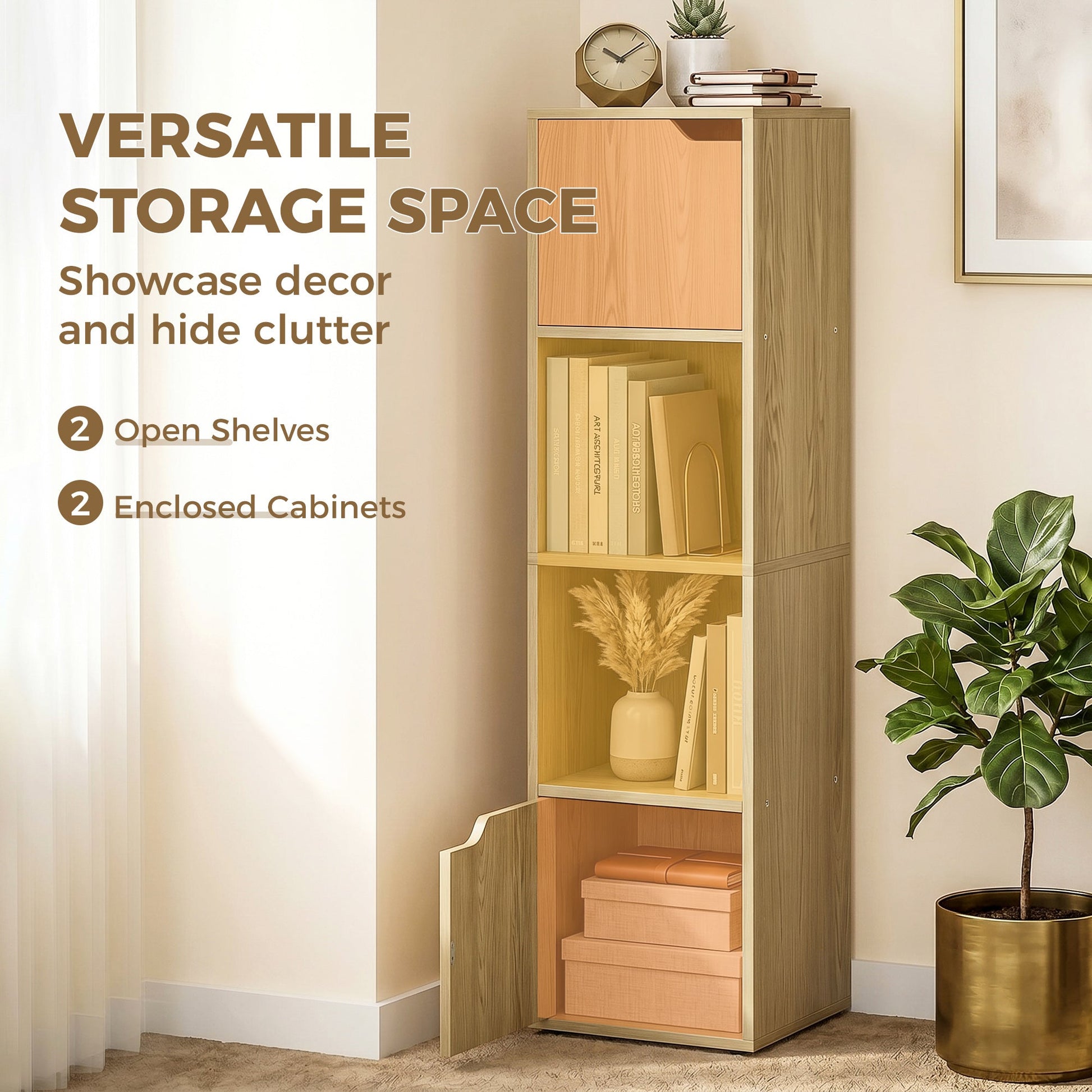 Bookcase with 2 Cabinets and Doors, 4-Tier Bookshelf, Storage Cabinet with Open Shelves and Anti-Tipping Design, for Living Room, Bedroom, Home Office, Oak