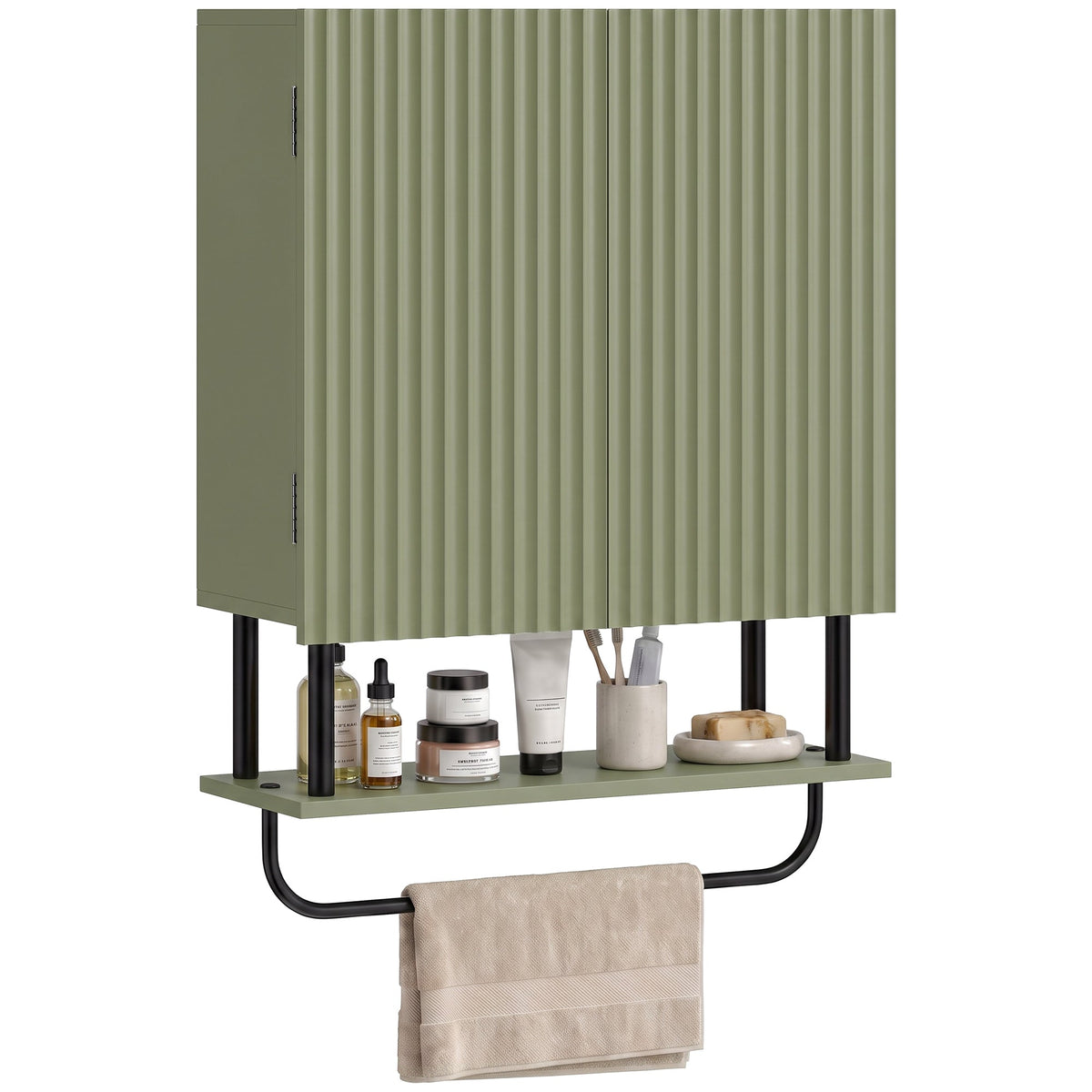 Bathroom Wall Cabinet with 2 Wavy Doors, Modern Bathroom Cabinet Wall Mounted Over Toilet with Hidden Storage and Open shelf, Towel Bar, Space Saving, Green