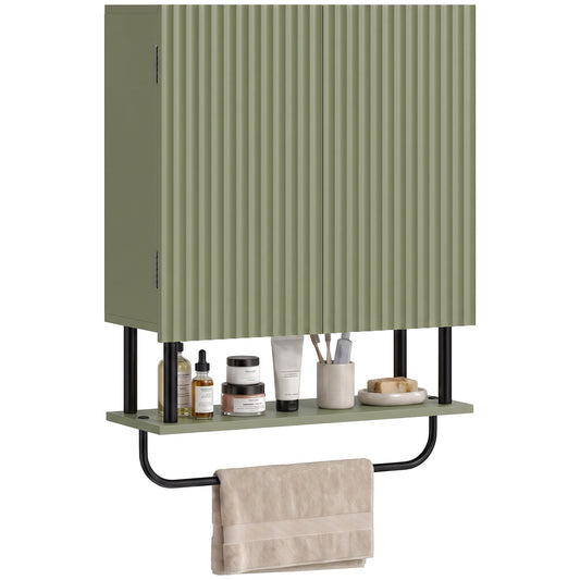 Bathroom Wall Cabinet with 2 Wavy Doors, Modern Bathroom Cabinet Wall Mounted Over Toilet with Hidden Storage and Open shelf, Towel Bar, Space Saving, Green