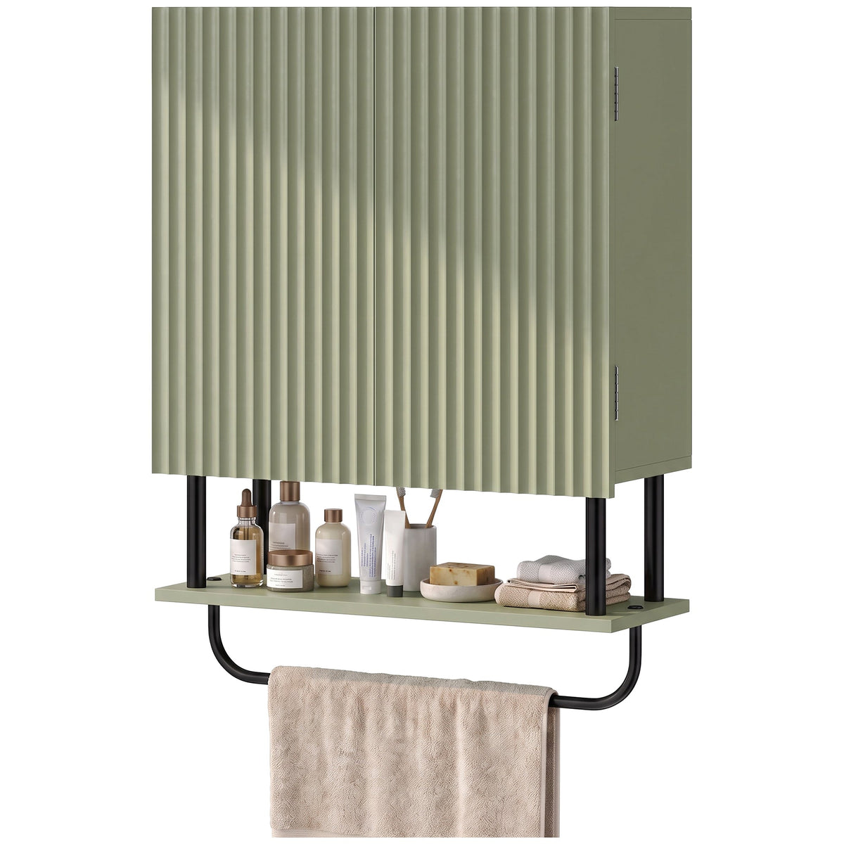 Bathroom Wall Cabinet with 2 Wavy Doors, Modern Bathroom Cabinet Wall Mounted Over Toilet with Hidden Storage and Open shelf, Towel Bar, Space Saving, Green