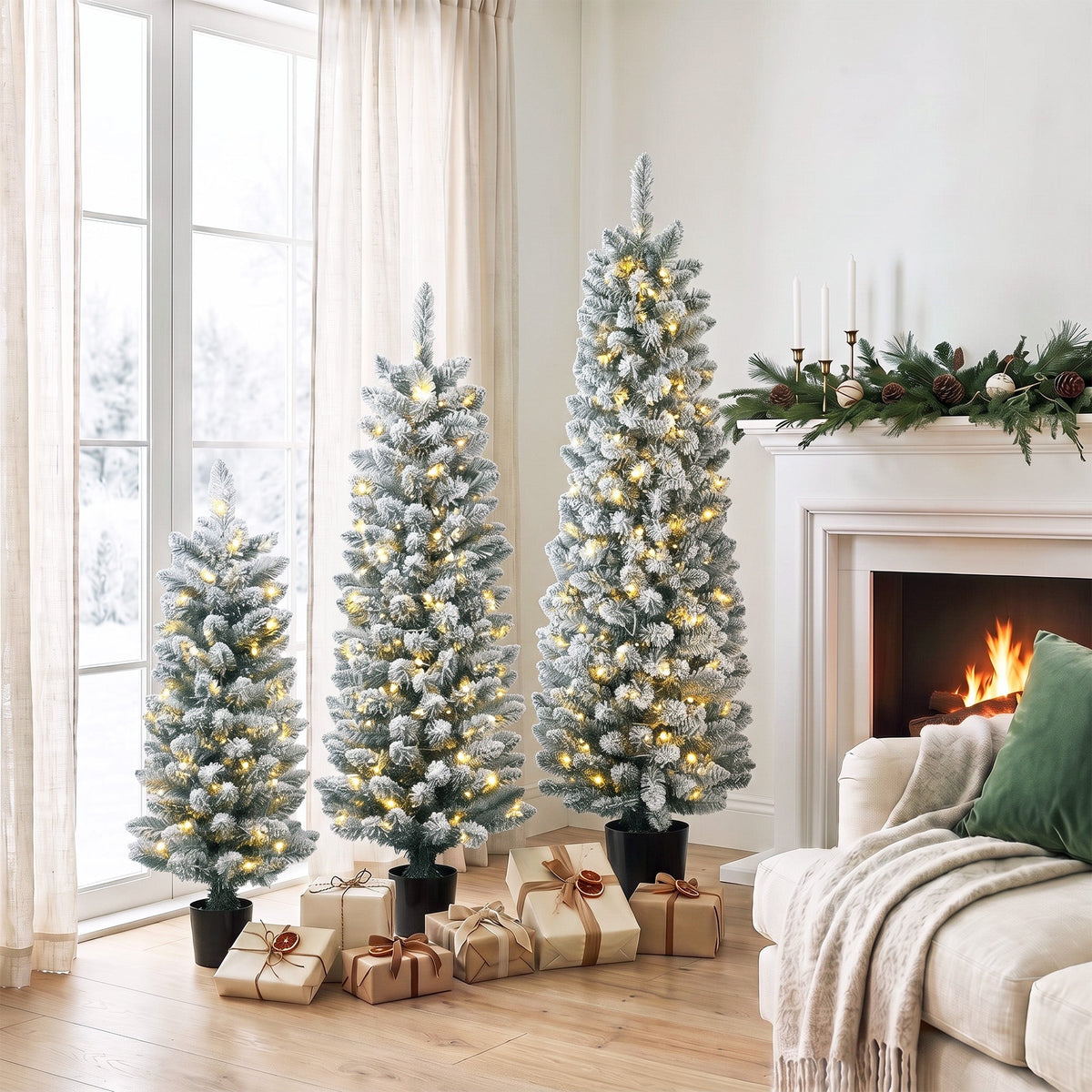 Prelit Snowy Flocked Artificial Christmas Tree Set of 3, Slim Xmas Tree with PVC Tips, Warm White LED Lights, 8 Modes, Space Saving Pencil Xmas Decoration Tree 3FT+4FT+5FT