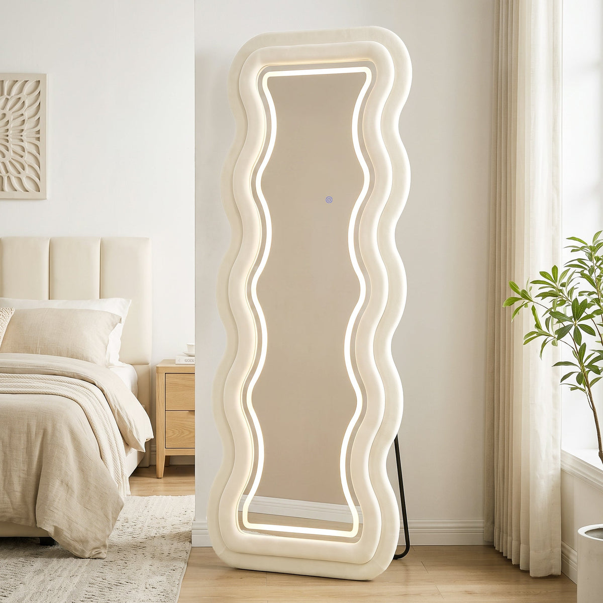 Full Length Mirror, 160 x 60 cm Arched Large Full Body Standing Mirror with Velvet Frame, HD Tempered Glass, Floor Standing, Wall Hanging or Leaning for Bedroom,  Living Room, Cream White
