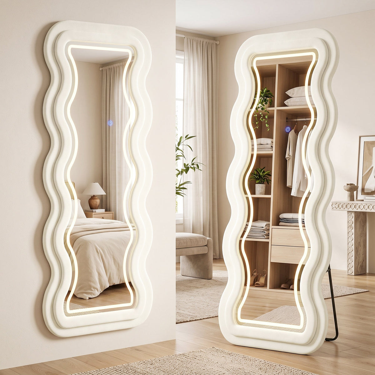 Full Length Mirror, 160 x 60 cm Arched Large Full Body Standing Mirror with Velvet Frame, HD Tempered Glass, Floor Standing, Wall Hanging or Leaning for Bedroom,  Living Room, Cream White