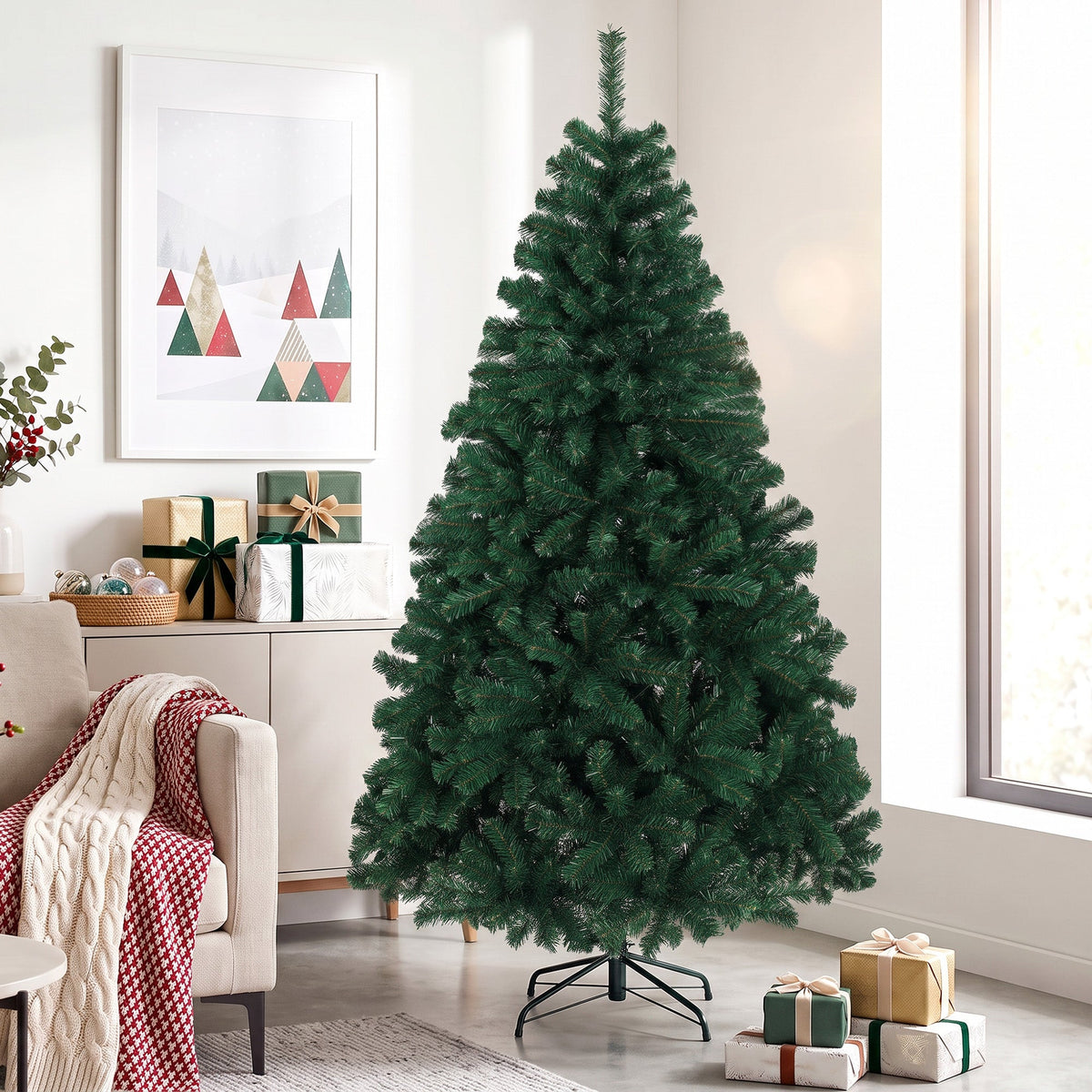 6ft/180cm Artificial Christmas Tree, Fir Hinged Xmas Tree with 700 Branch Tips, Foldable Steel Stand, Easy Assembly for Home Office Holiday Decoration, Green