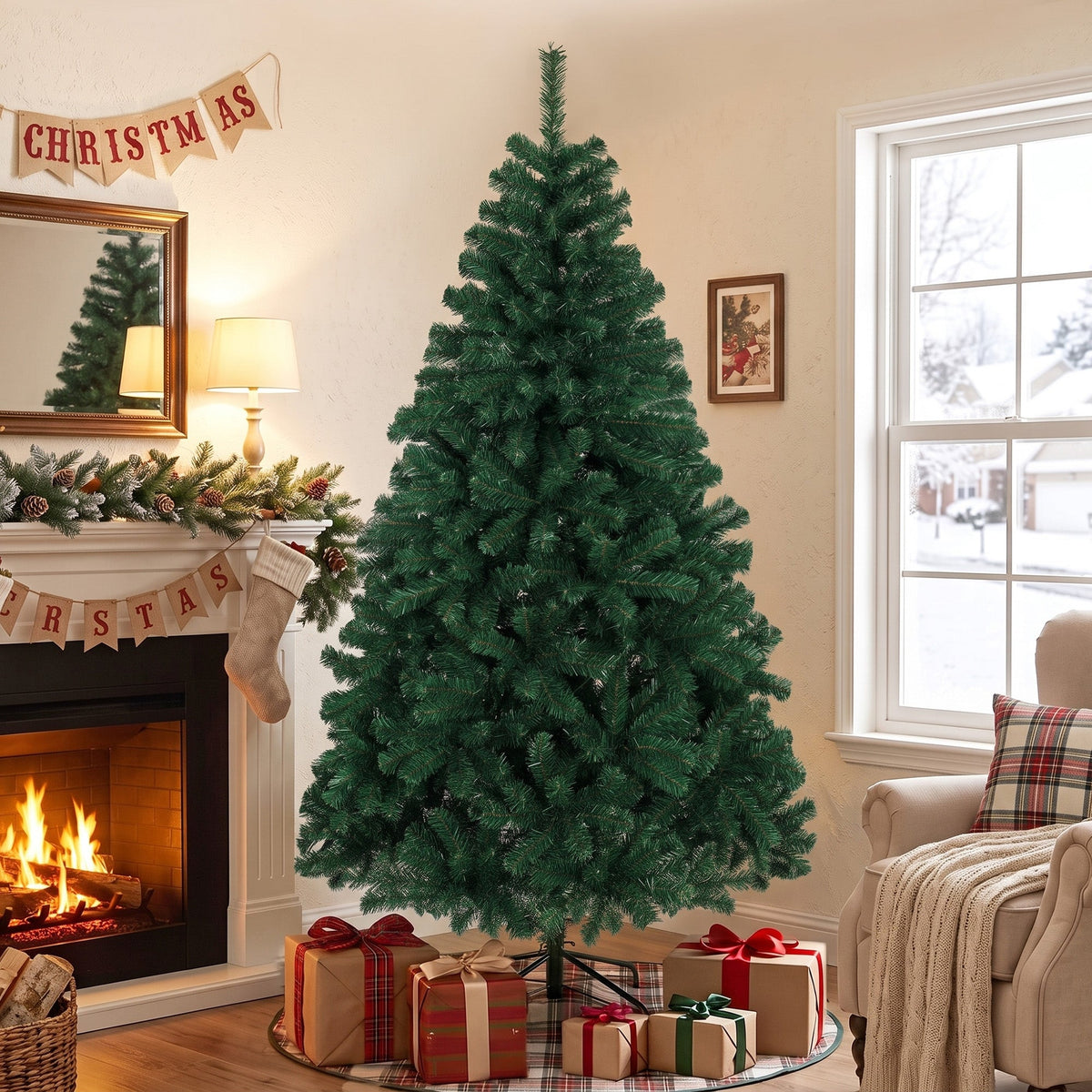 6ft/180cm Artificial Christmas Tree, Fir Hinged Xmas Tree with 700 Branch Tips, Foldable Steel Stand, Easy Assembly for Home Office Holiday Decoration, Green