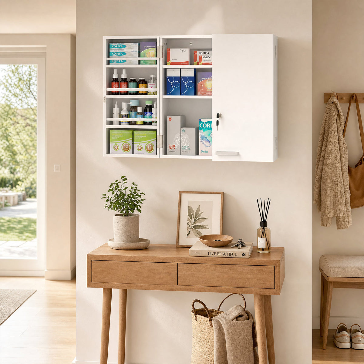 Wall Mount Medicine Cabinet with Key Lock, 3 Tier First Aid Cabinet with 2 Doors and 11 Storage Compartments, Medical Organiser for Bathroom, Home Office, 53 x 20 x 53 cm, White