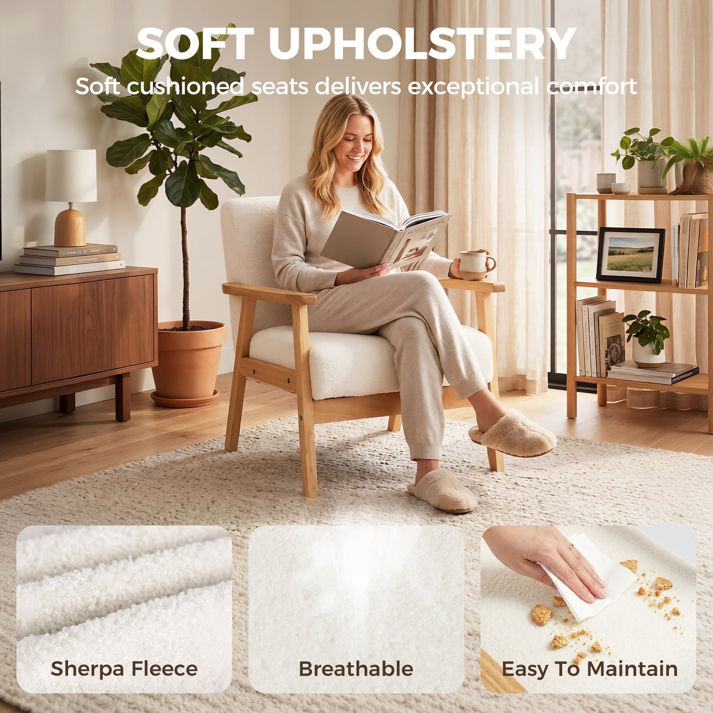 Modern Armchair, Sherpa Fleece Upholstered Accent Chair with Solid Wood Legs and Wide Seat, Padding Lounge Chair for Living Room Bedroom Office, Cream White