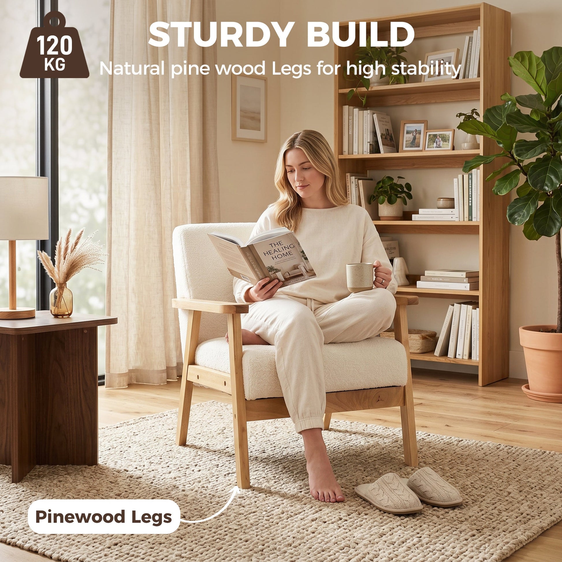 Modern Armchair, Sherpa Fleece Upholstered Accent Chair with Solid Wood Legs and Wide Seat, Padding Lounge Chair for Living Room Bedroom Office, Cream White