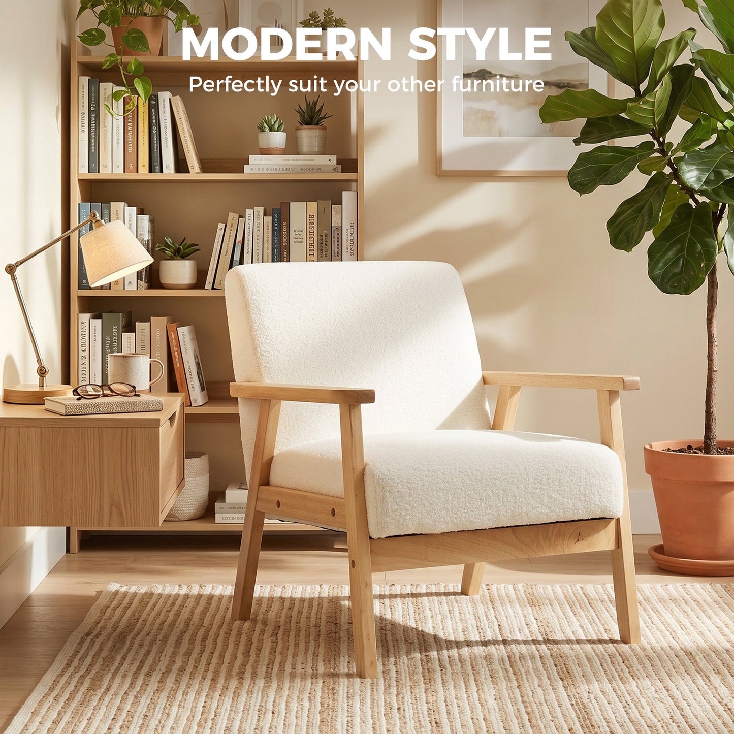 Modern Armchair, Sherpa Fleece Upholstered Accent Chair with Solid Wood Legs and Wide Seat, Padding Lounge Chair for Living Room Bedroom Office, Cream White