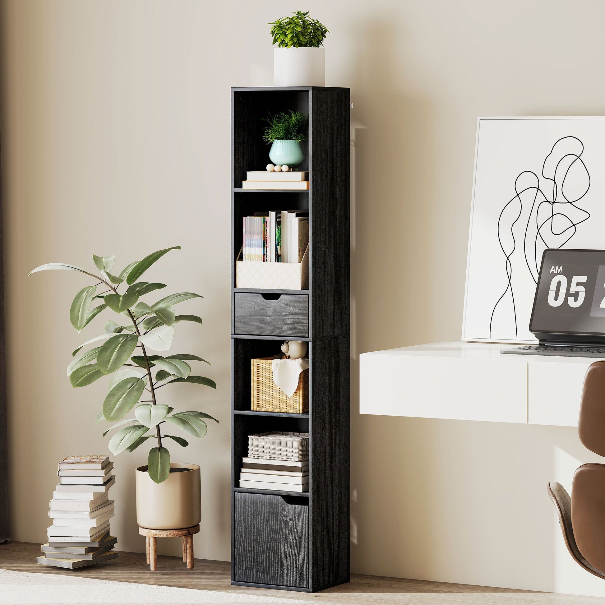 6-Tier Bookcase, Tall Narrow Bookshelf with Drawer, Door, Adjustable Shelf, Modern Display Standing Shelving Unit for Living Room, Home Office, Bedroom, 30 x 24 x 158 cm, Black