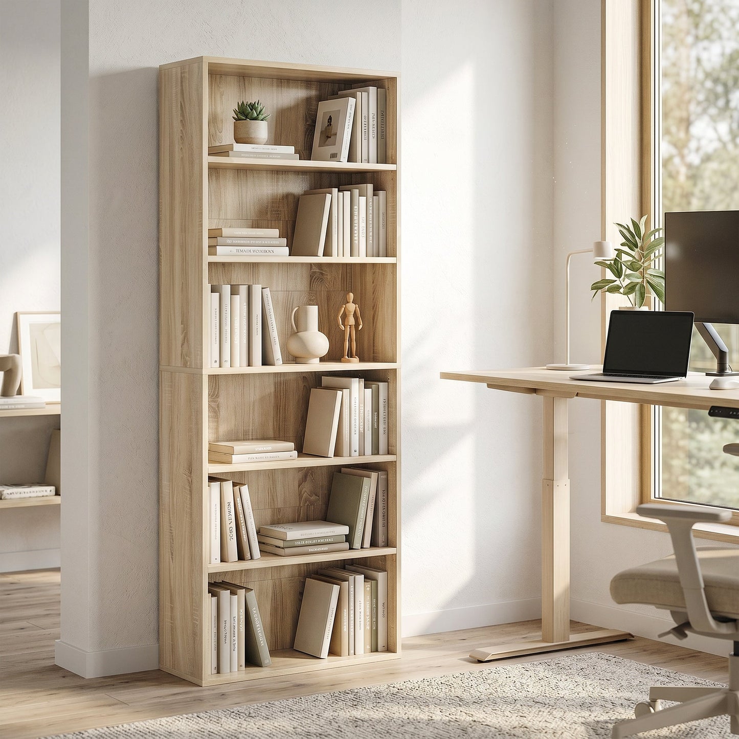 6 Tier Bookshelf, Freestanding Bookcase with Adjustable Shelves, Display Storage Unit for Living Room, Bedroom, Study, 60 x 24 x 158.5 cm, Oak Wood Effect