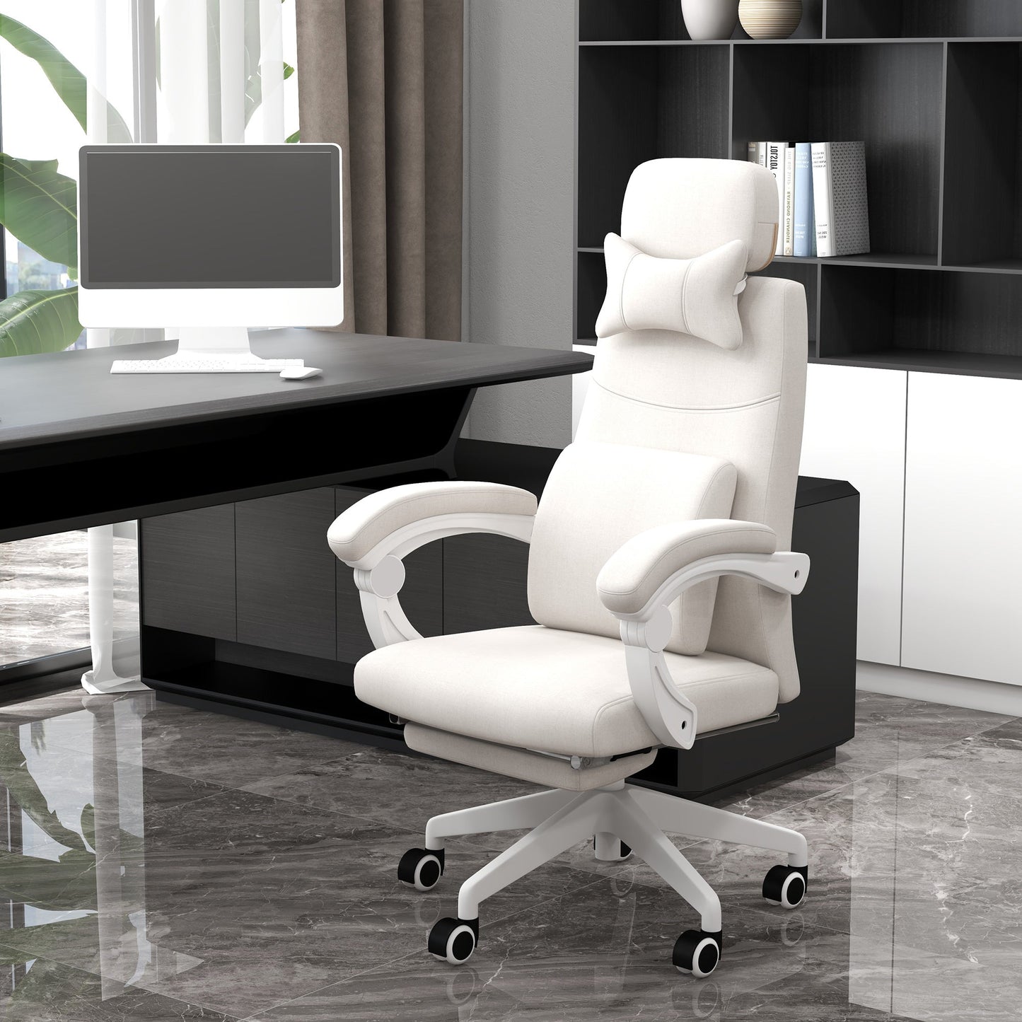 Vinsetto Office Chair, Ergonomic Desk Chair, High Back Fabric Work Chair with 160° Reclining Backrest, Retractable Footrest, Neck and Lumbar Pillow for Home and Study, White