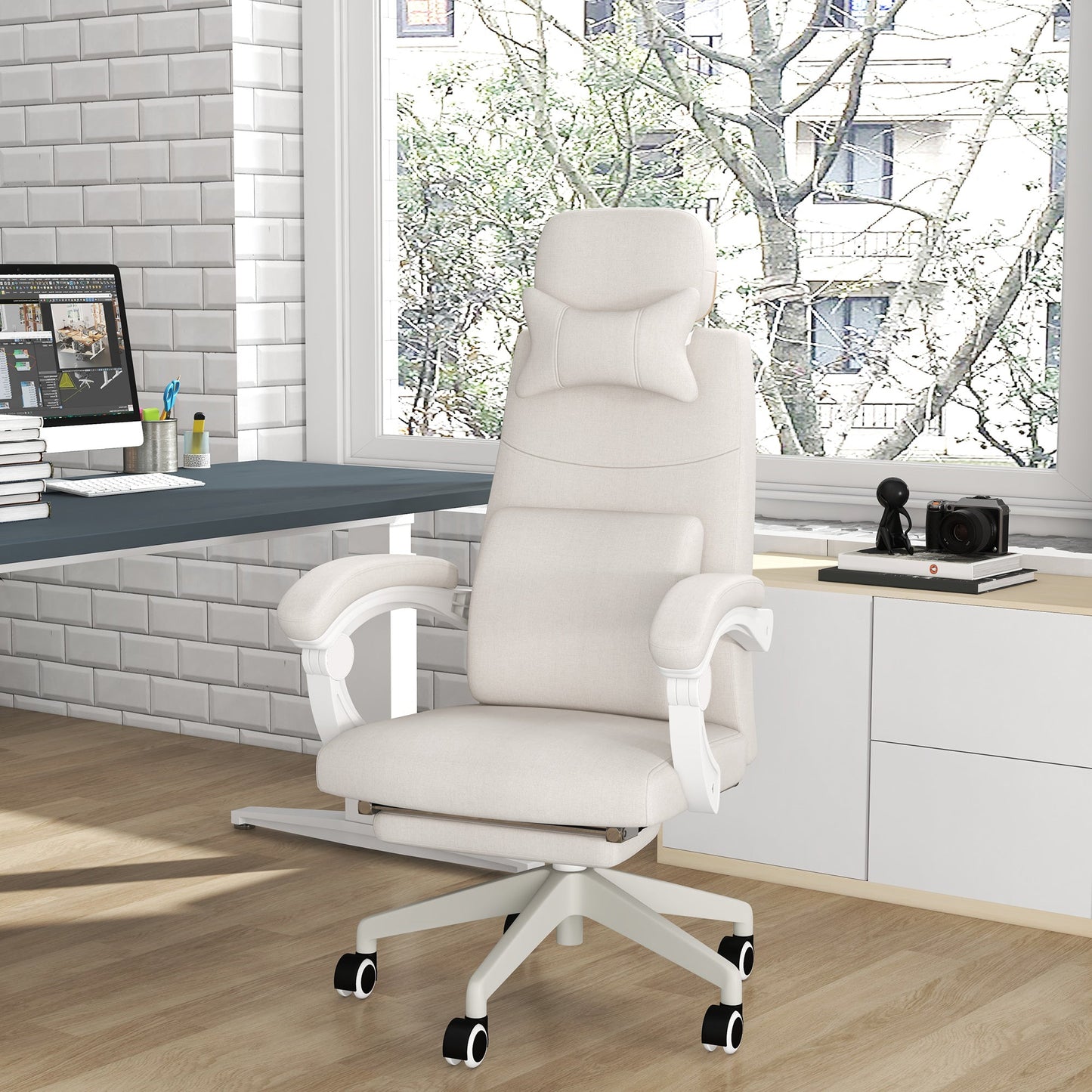 Vinsetto Office Chair, Ergonomic Desk Chair, High Back Fabric Work Chair with 160° Reclining Backrest, Retractable Footrest, Neck and Lumbar Pillow for Home and Study, White