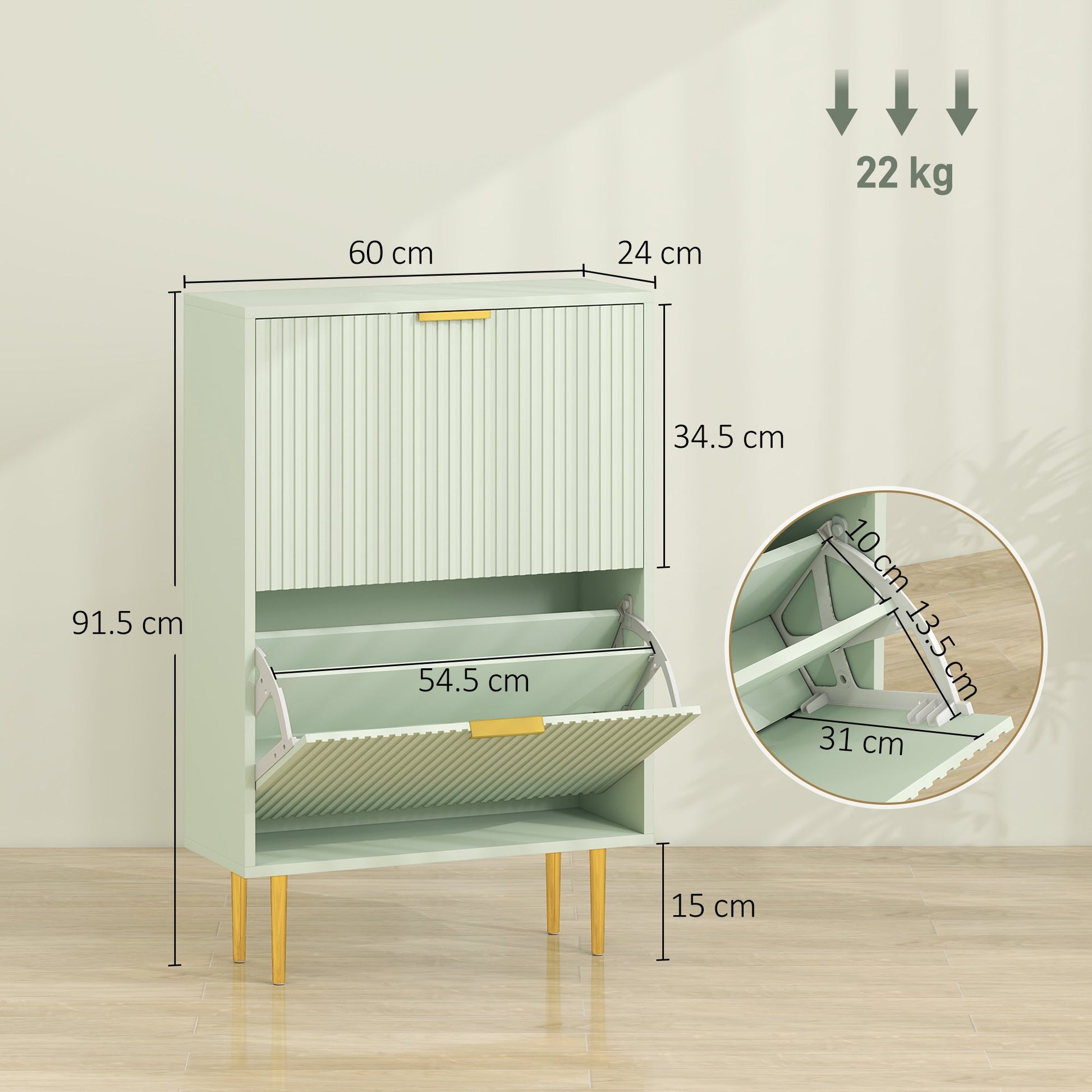 Narrow Shoe Cabinet with 2 Flip Drawers, Modern Slim Shoe Storage Cabinet with Fluted Doors and Adjustable Shelves for Hallway, Holds 6-12 Pairs, Light Green
