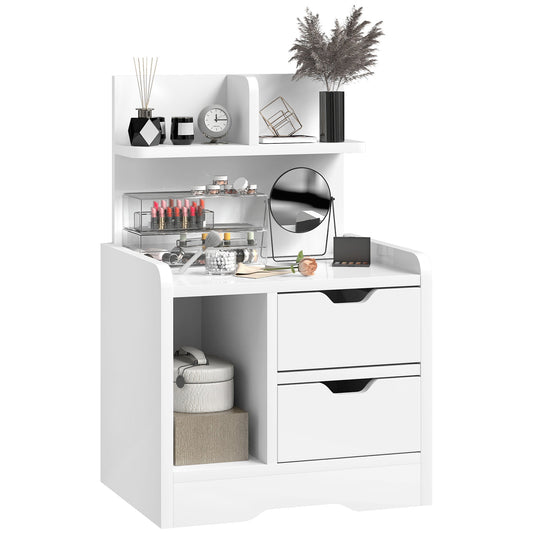 Bedside Table, Small Bedside Cabinet with 2 Drawers and Storage Shelves, Modern Nightstand for Bedroom, High Gloss White