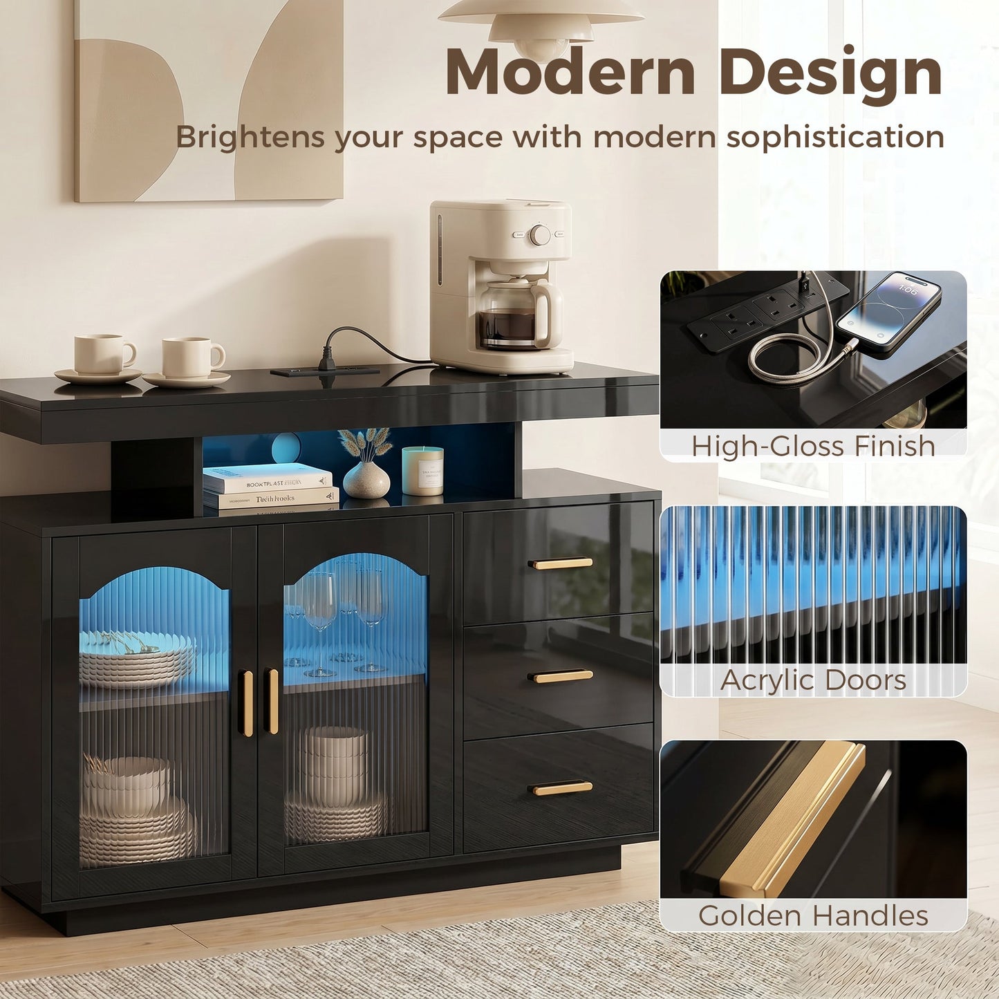 High Gloss Sideboard with LED Lights, Built-in Power Outlets, Modern Storage Cabinet with 3 Drawers, Shelves and 2 Acrylic Doors, Soft-Close TV Stand Unit for 72-Inch TVs, Living Room, Black