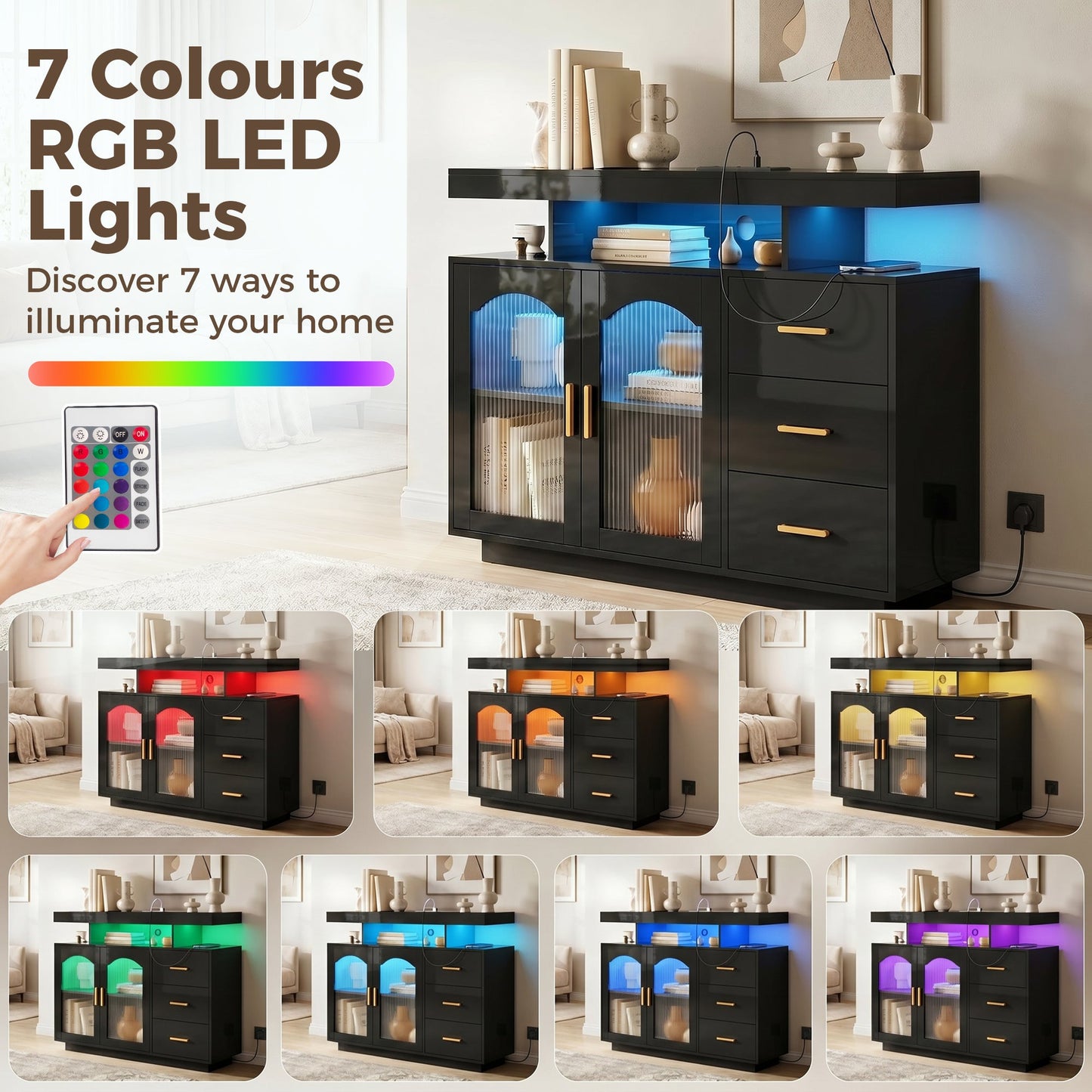 High Gloss Sideboard with LED Lights, Built-in Power Outlets, Modern Storage Cabinet with 3 Drawers, Shelves and 2 Acrylic Doors, Soft-Close TV Stand Unit for 72-Inch TVs, Living Room, Black