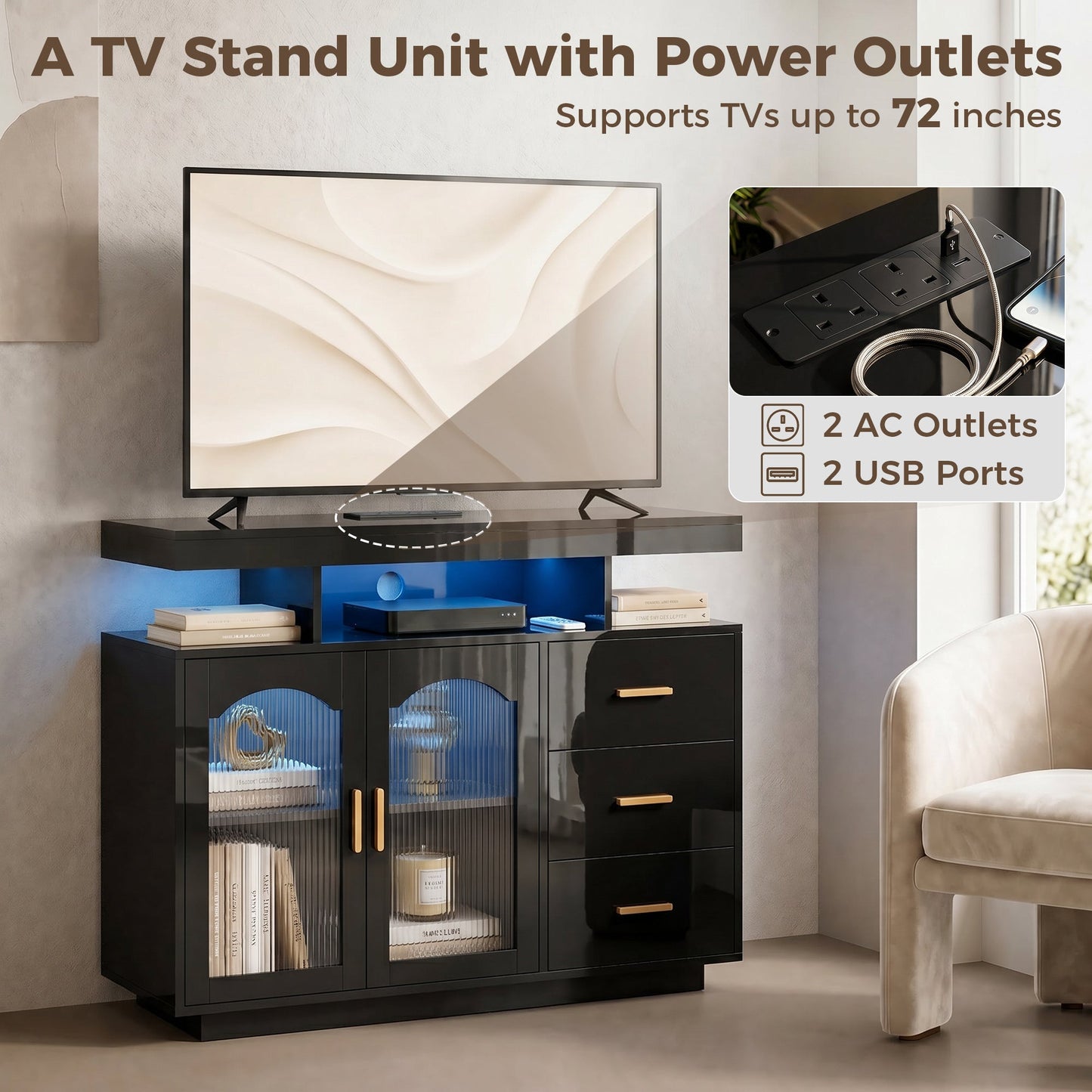 High Gloss Sideboard with LED Lights, Built-in Power Outlets, Modern Storage Cabinet with 3 Drawers, Shelves and 2 Acrylic Doors, Soft-Close TV Stand Unit for 72-Inch TVs, Living Room, Black