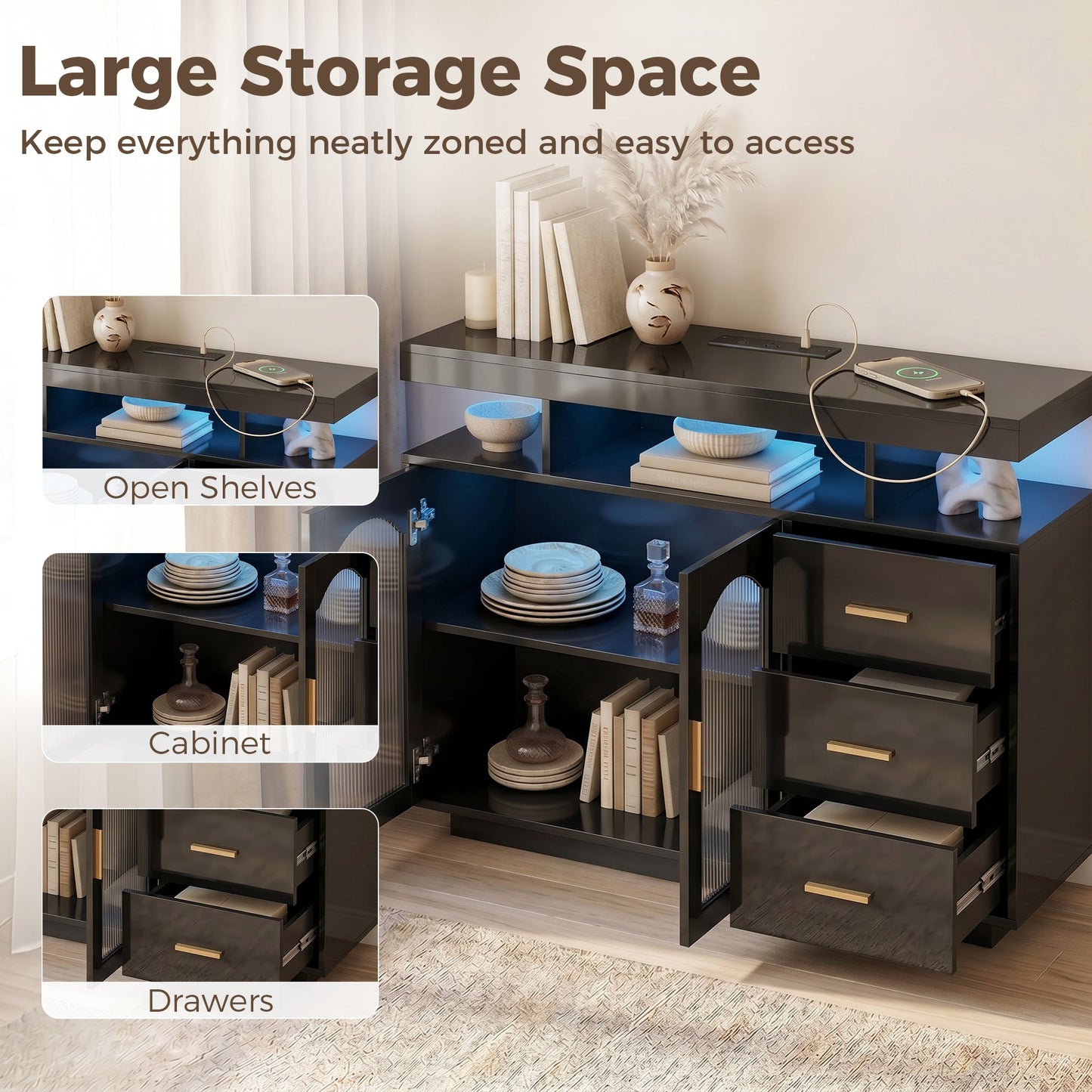 High Gloss Sideboard with LED Lights, Built-in Power Outlets, Modern Storage Cabinet with 3 Drawers, Shelves and 2 Acrylic Doors, Soft-Close TV Stand Unit for 72-Inch TVs, Living Room, Black