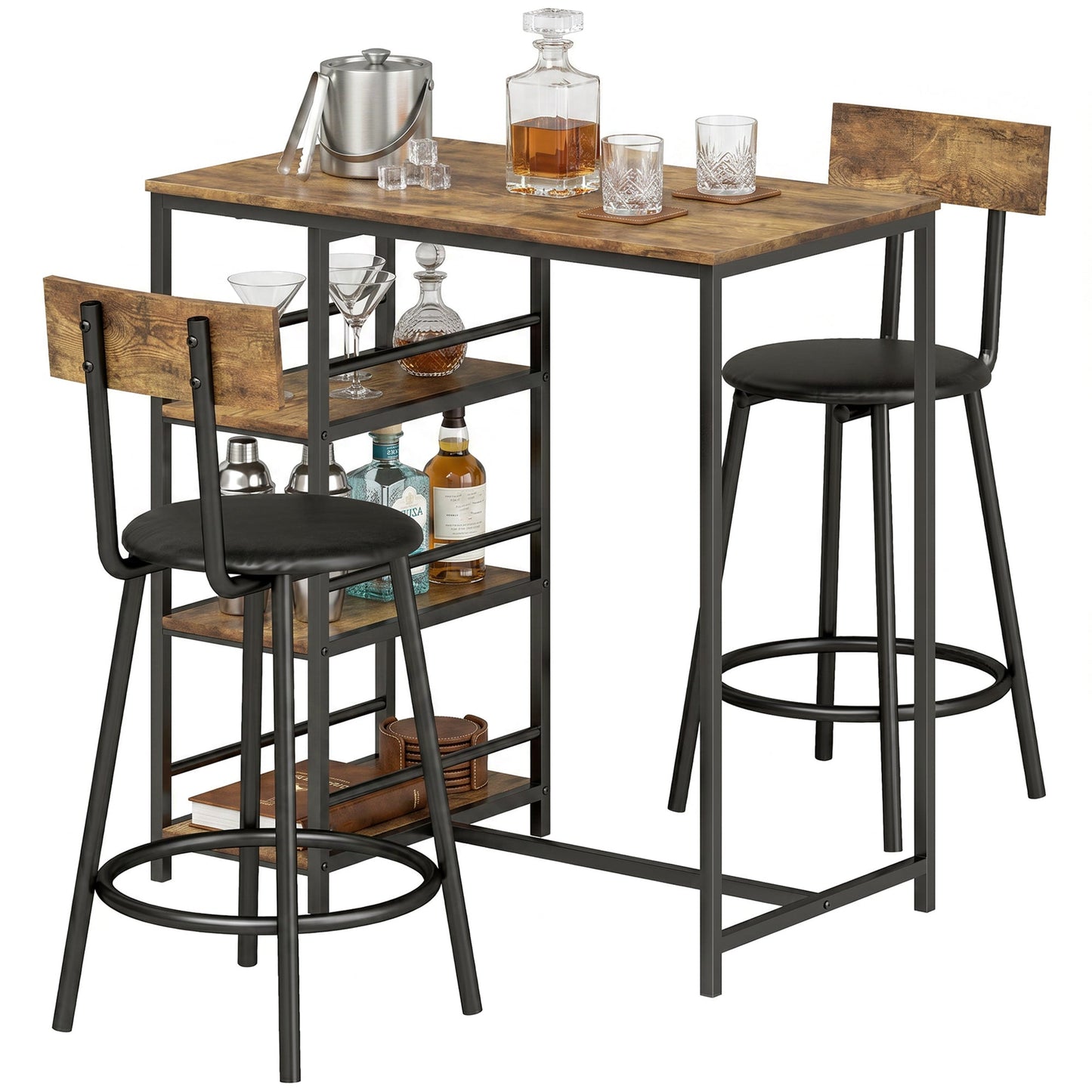3 Piece Breakfast Bar Table Set, Space Saving Bar Table and PU Leather Stools for 2, Dining Table Set with Storage Shelves, Rustic Brown