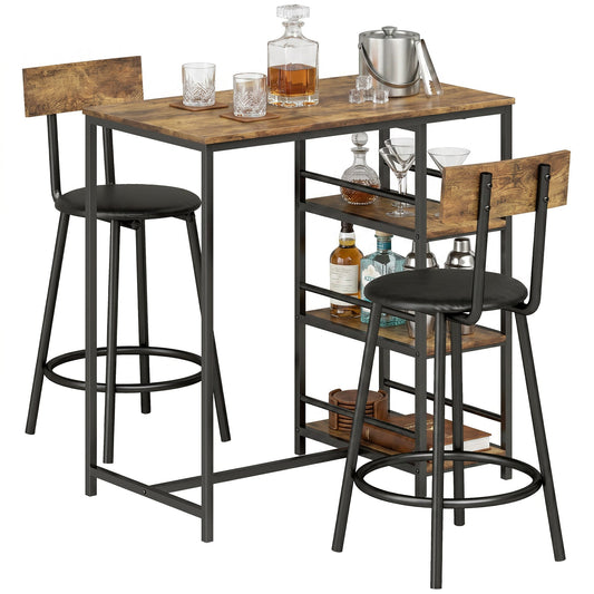 3 Piece Breakfast Bar Table Set, Space Saving Bar Table and PU Leather Stools for 2, Dining Table Set with Storage Shelves, Rustic Brown