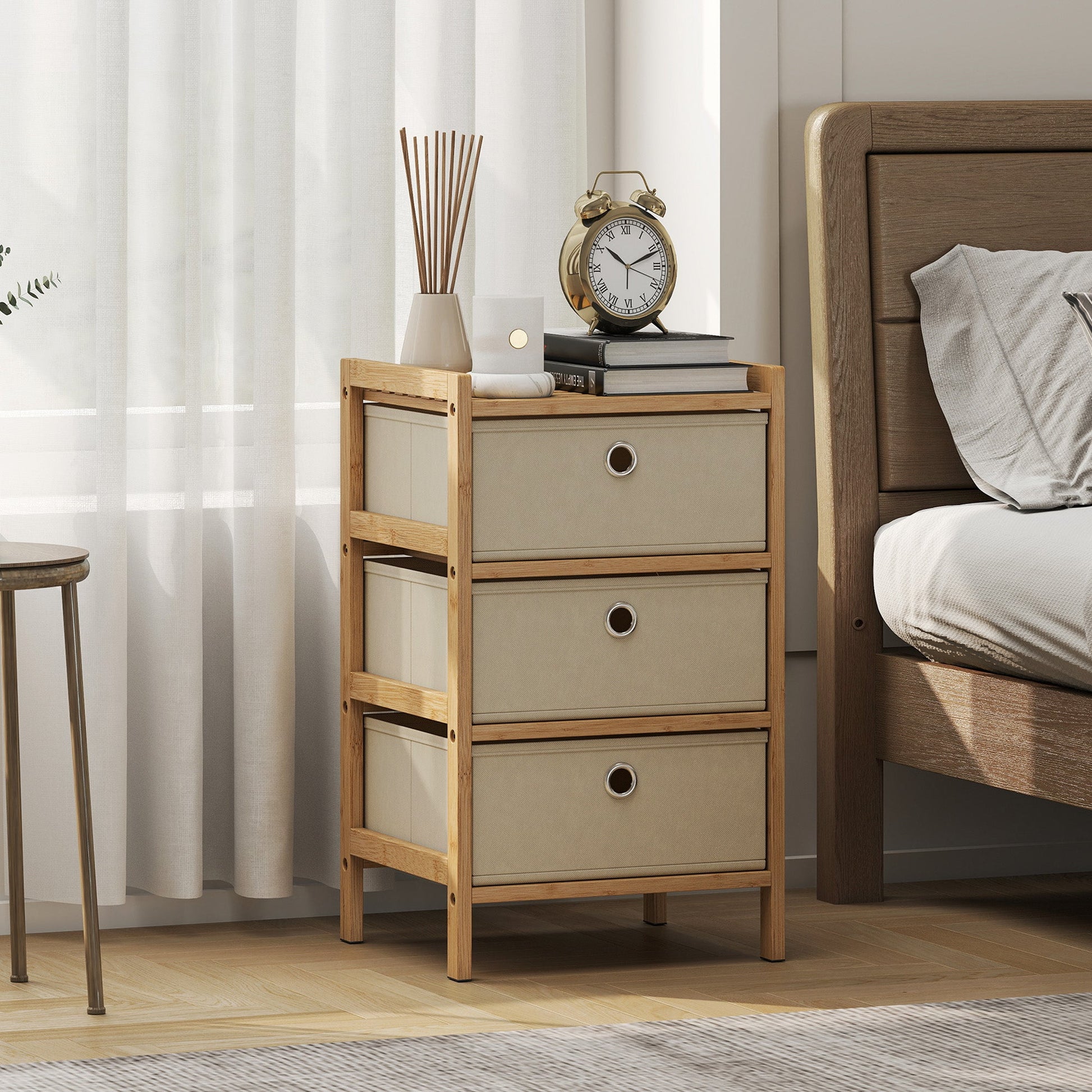 Chest of Drawers, 3 Fabric Drawers Dresser with Bamboo Frame, Narrow Storage Unit for Small Spaces, Bedroom, Living Room, Hallway, Cream White
