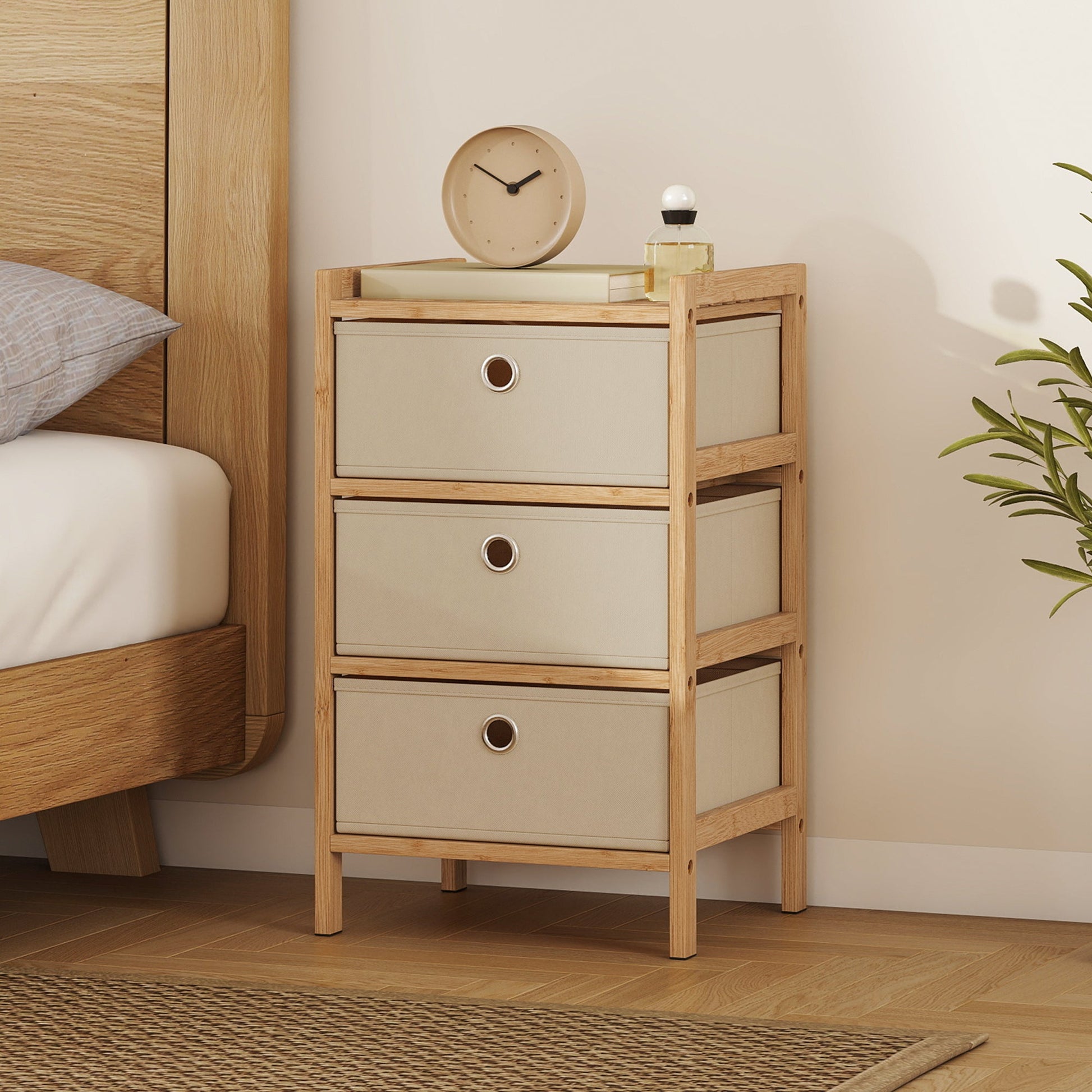 Chest of Drawers, 3 Fabric Drawers Dresser with Bamboo Frame, Narrow Storage Unit for Small Spaces, Bedroom, Living Room, Hallway, Cream White