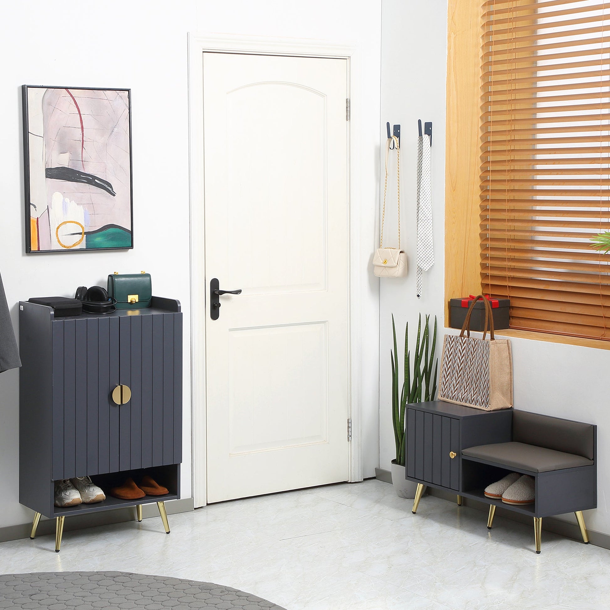 HOMCOM Shoe Bench with Storage, Shoe Cabinet with Seating Cushion, Open Compartment and Table Top for Entryway, Hallway, Grey
