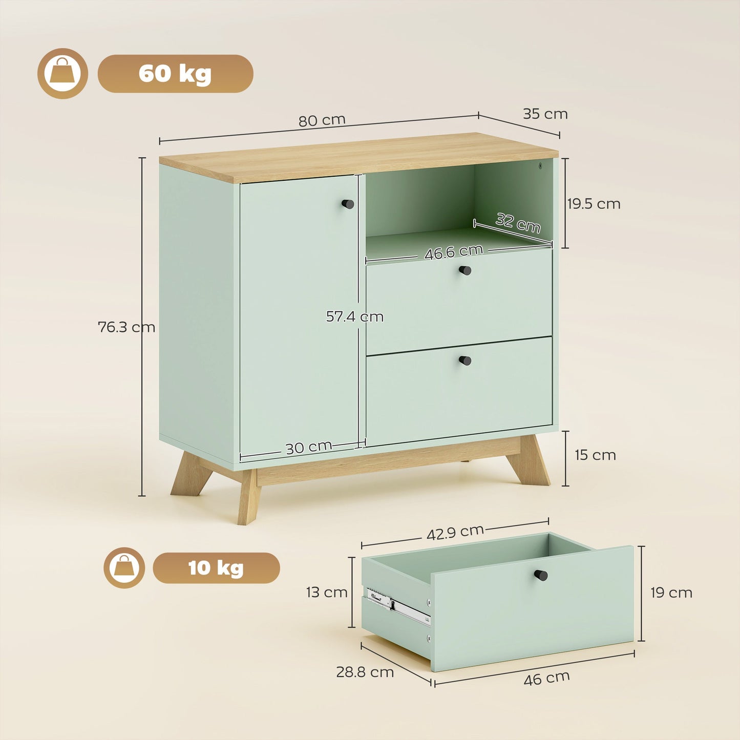 Sideboard Storage Cabinet, 80 cm Modern Buffet Cabinet with Door, 2 Drawers, Open Compartment and Adjustable Shelf for Living Room, Dining Room, Kitchen, Light Green and Oak