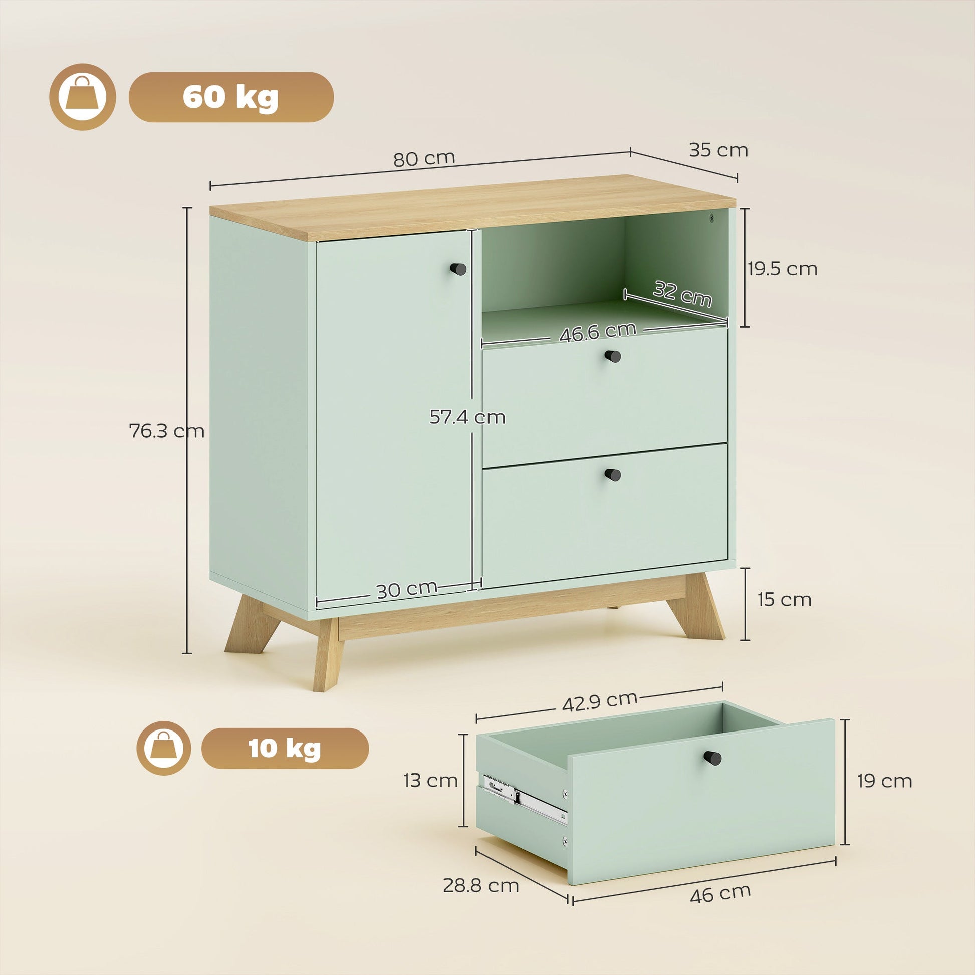 Sideboard Storage Cabinet, 80 cm Modern Buffet Cabinet with Door, 2 Drawers, Open Compartment and Adjustable Shelf for Living Room, Dining Room, Kitchen, Light Green and Oak