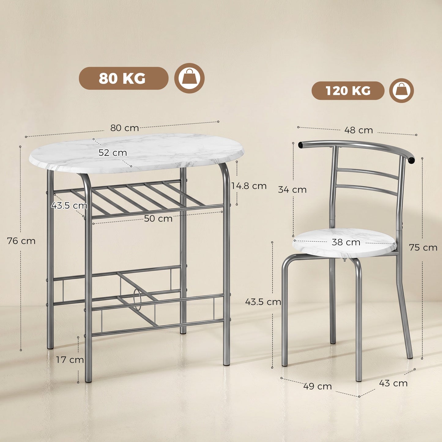 Dining Table and Chairs Set 3, Breakfast Bar Table and 2 Chairs with Storage Shelf, Marble-Effect Tabletop, Metal Frame, Dining Room Set for Living Room, Small Space, White