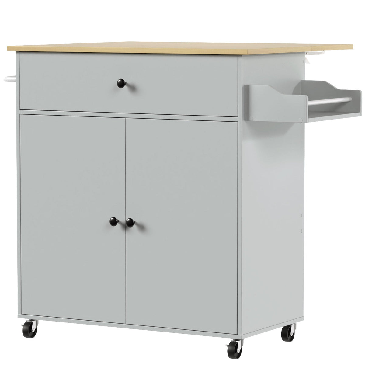 Kitchen Island with Drop Leaf, Rolling Kitchen Storage Trolley on Wheels with Drawer, Spice Rack and Towel Rack, Storage Cart with Adjustable Shelf, Grey