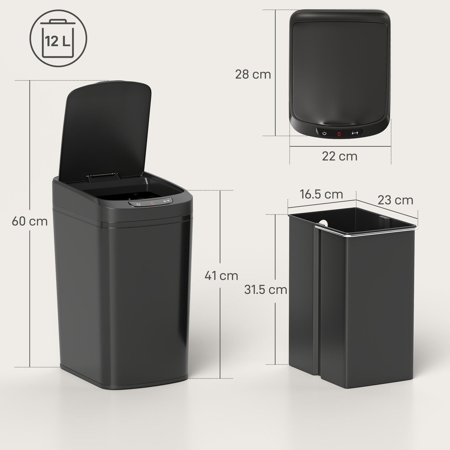 12L Sensor Bin, Automatic Touchless Motion Sensor Kitchen Bin, Compact Trash Can with Fingerprint Resistant Stainless Steel for Hygienic Gyms, Home Office Use, Black