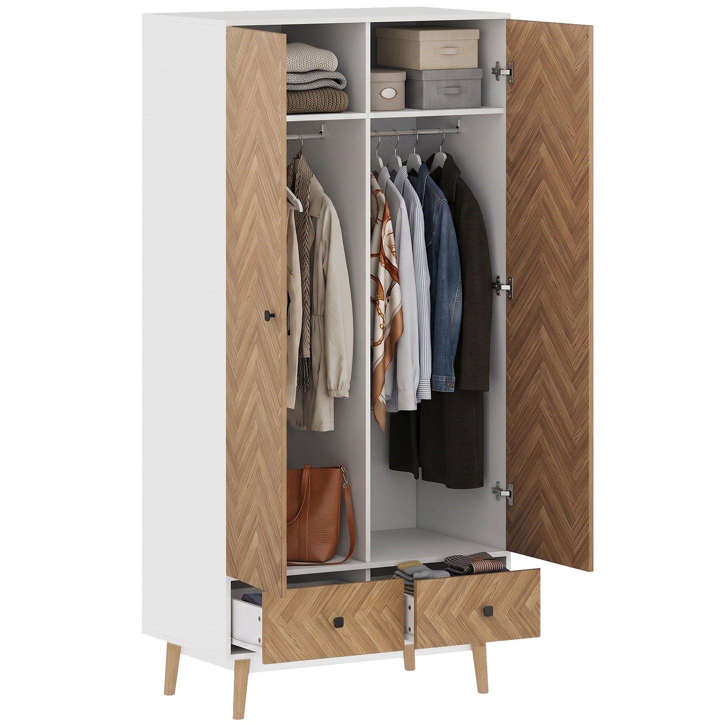 Modern Wardrobe Cabinet Wood-Effect Sticker Surface with 2 Hanging Rods, 2 Storage Shelves and 2 Drawers, 90 x 50 x 190 cm, White and Natural Wood Finish