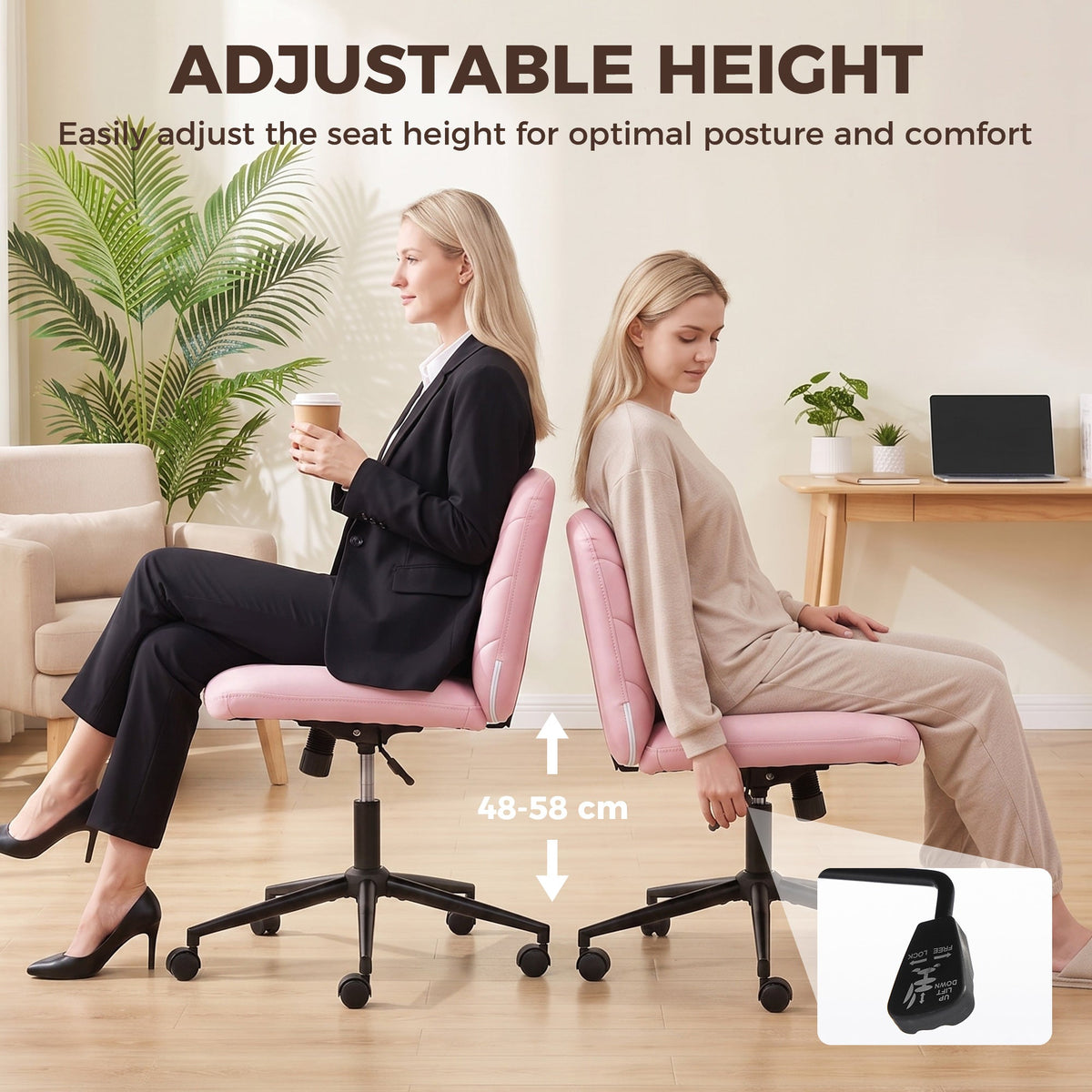 Criss Cross Legged Office Chair with Wide Seat, Swivel Desk Chair with Wheels, Rocking Function, Backrest, Adjustable Height, High-Density Foam, Computer Seat for Home Office, Bedroom, Pink