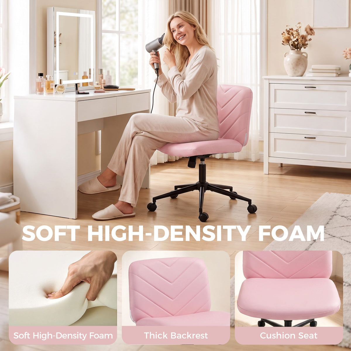 Criss Cross Legged Office Chair with Wide Seat, Swivel Desk Chair with Wheels, Rocking Function, Backrest, Adjustable Height, High-Density Foam, Computer Seat for Home Office, Bedroom, Pink