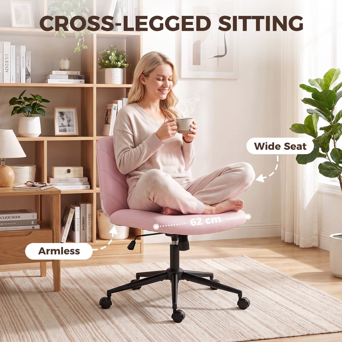 Criss Cross Legged Office Chair with Wide Seat, Swivel Desk Chair with Wheels, Rocking Function, Backrest, Adjustable Height, High-Density Foam, Computer Seat for Home Office, Bedroom, Pink